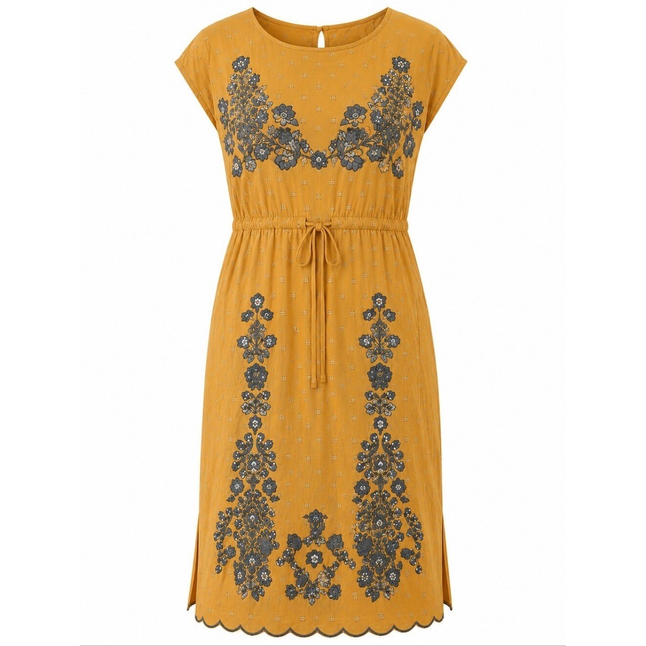 SUNDANCE | Mustard Grey Embroidered Sequin Lined Boho Scalloped Pocket Dress | L