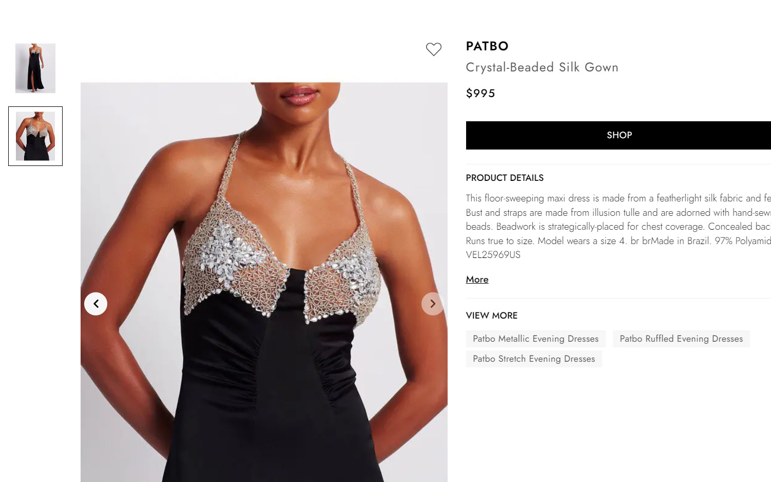 PatBO crystal-beaded side-high-slit open-back black satin gown sz 10 $995