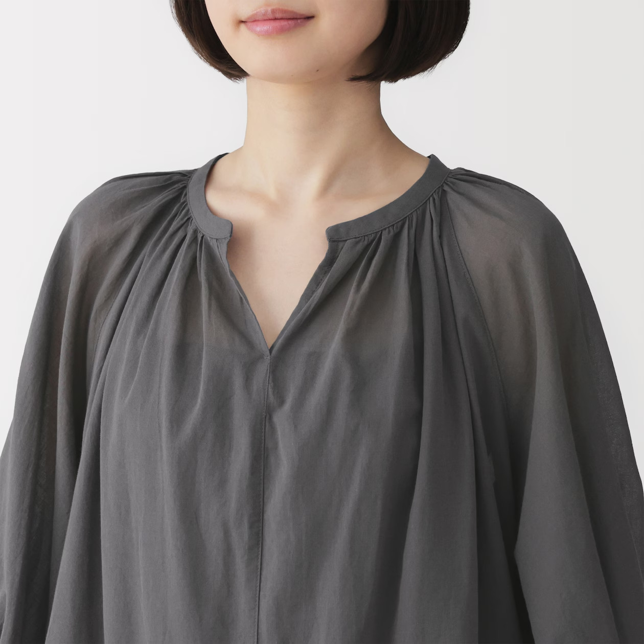 MUJI Womens 100% Organic High-Twist Cotton Sheer Tunic Dress Charcoal Gray FedEx