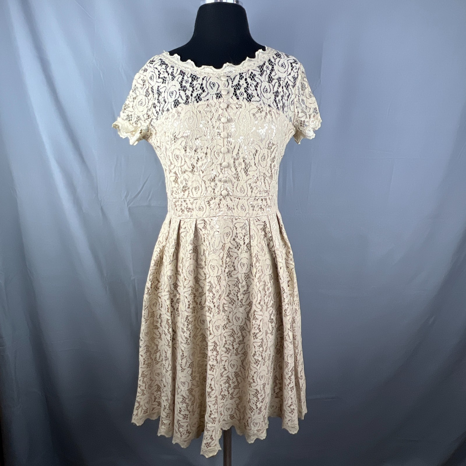 Gigileer Fit & Flare Dress Women L Beige Crochet Lace Floral Cap Sleeve Festival