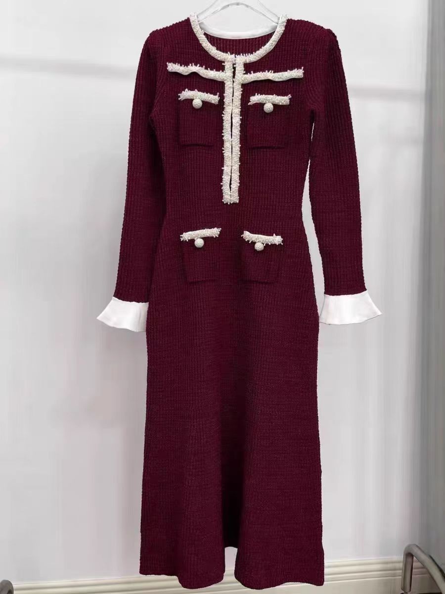 Self Portrait Handmade pearlS knitted dress A-line silm waist long sleeve women