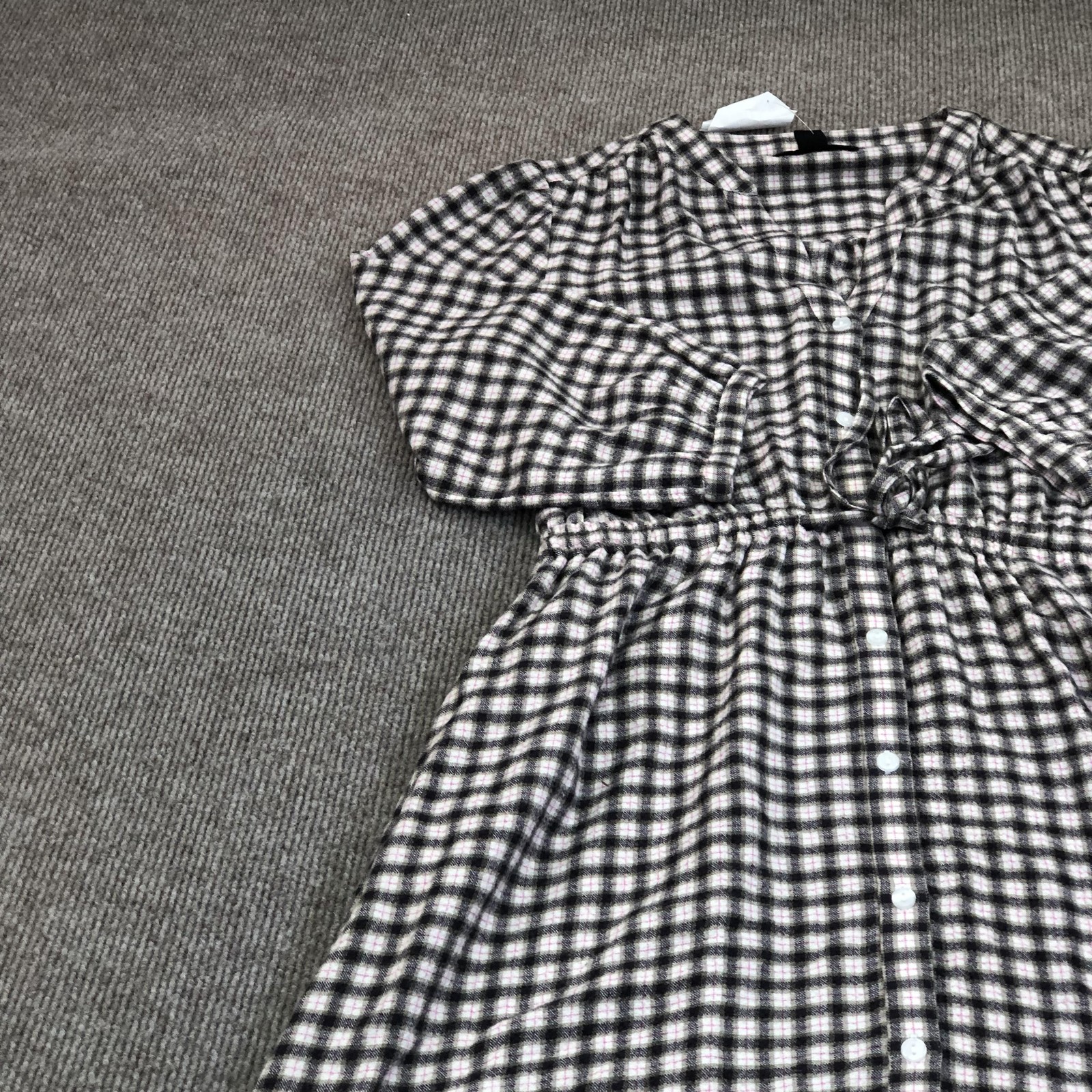 Eddie Bauer Shirt Dress Womens Small Black Plaid Button Belted 3/4 Sleeve Midi