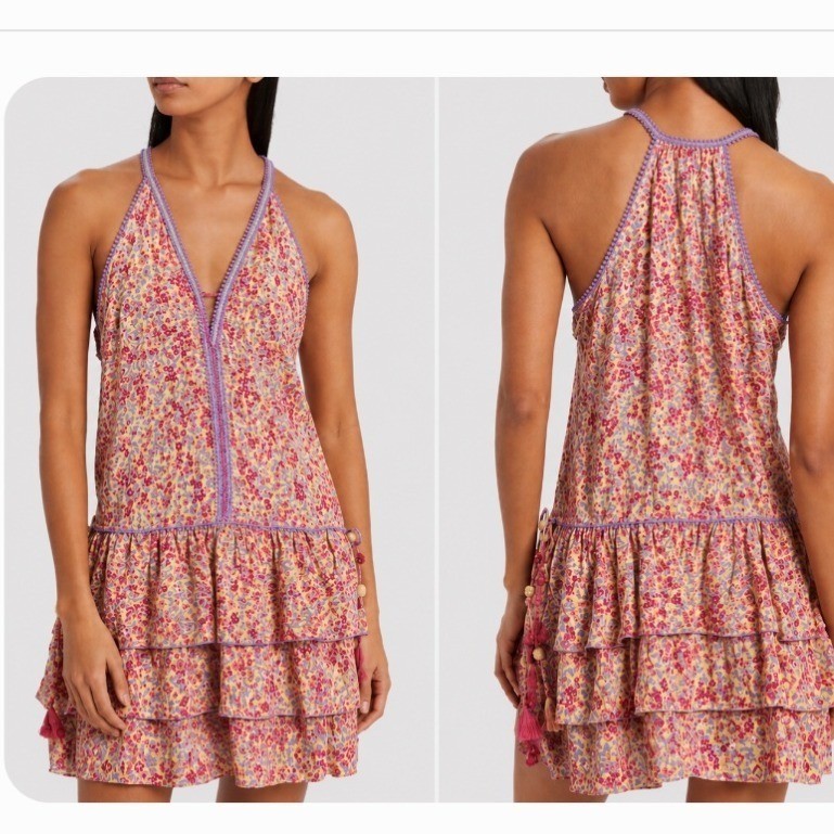 Poupette St Barth Bety V Mini Dress Purple Daffodil Floral Resort Medium NEW