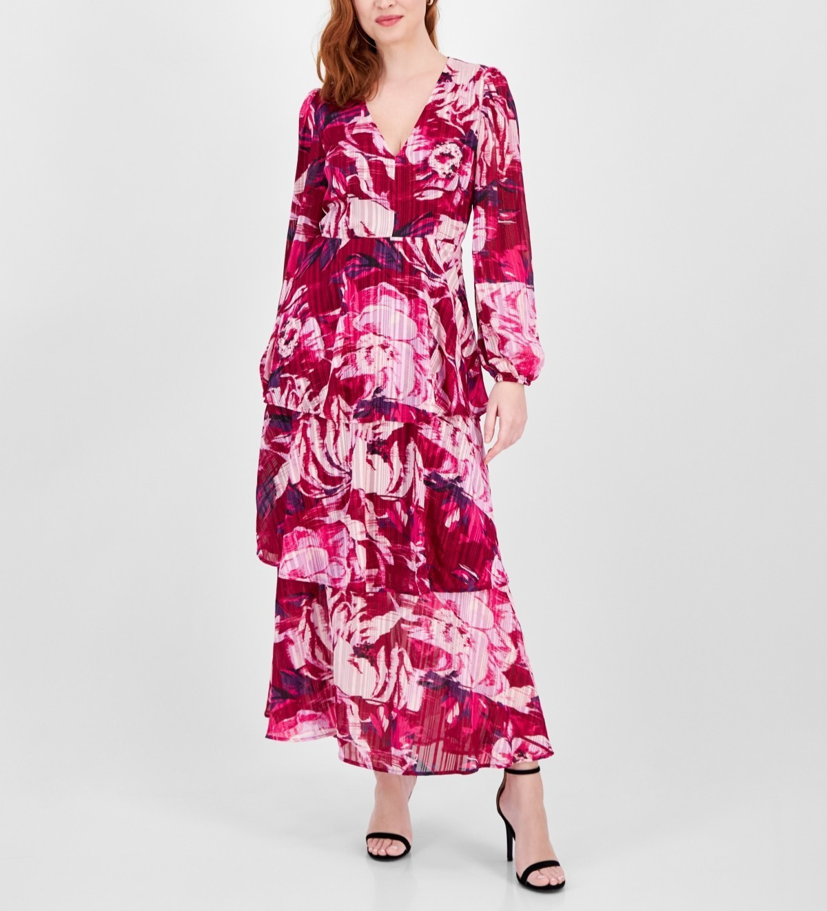RACHEL Rachel Roy Printed Blouson-Sleeve Tiered Maxi Dress MSRP $159