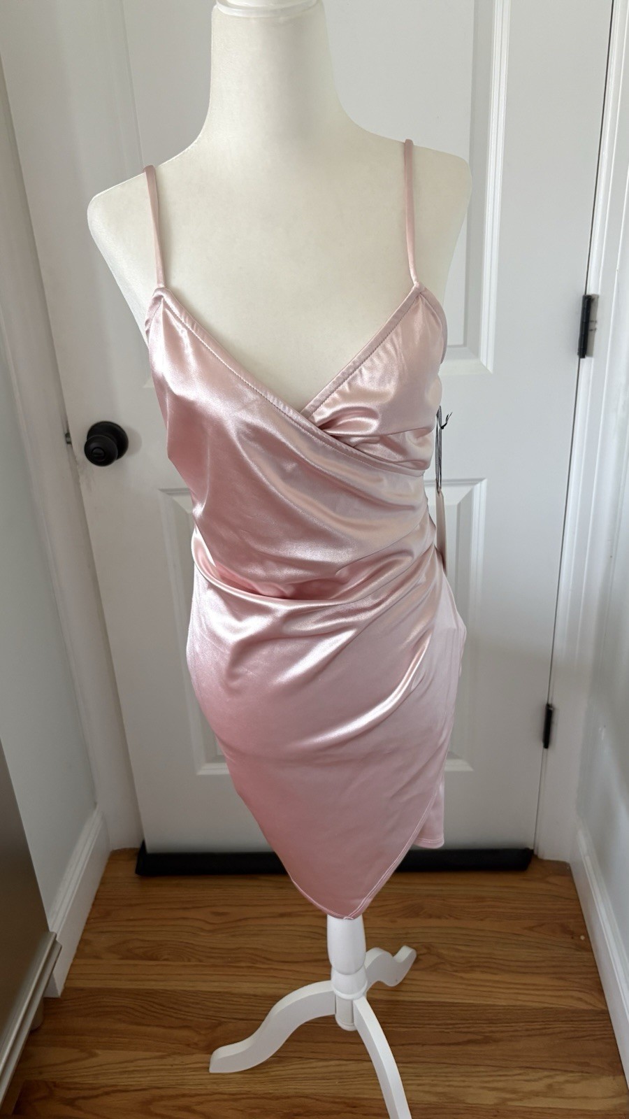 IRIS Pink Satin V-Neck Strappy Bodycon Slip Knee Length Dress Size M