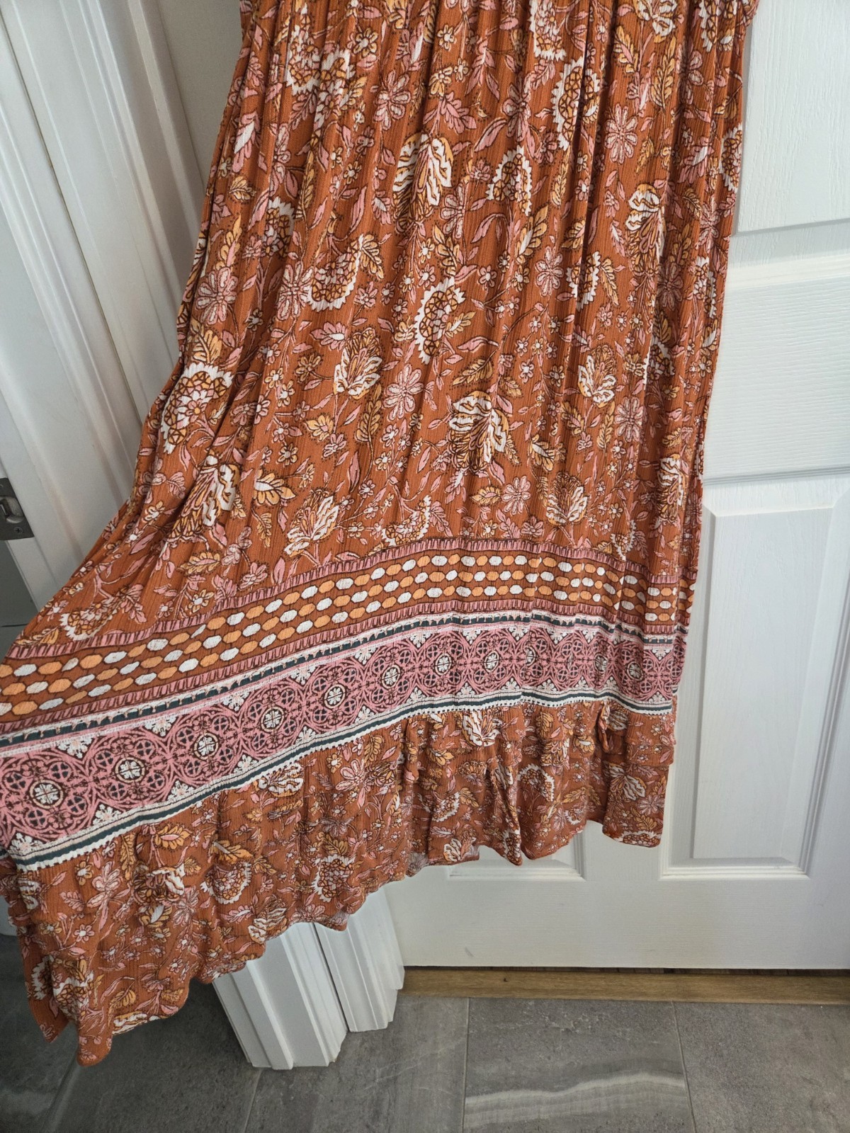Knox Rose Dress Womens L Orange Rust Flutter Short Sleeve Tier Maxi Floral Boho