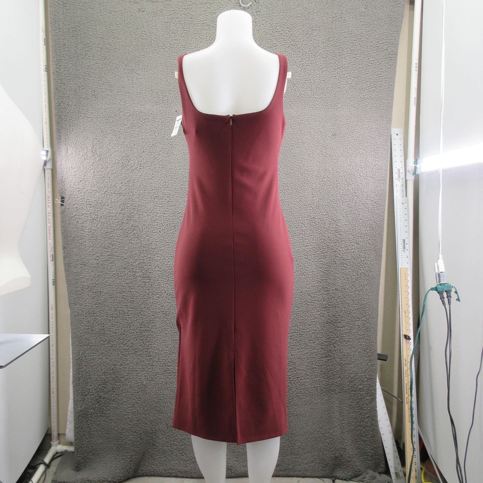 Open Edit Dress Womens Small Burgundy Midi Ruched Bodycon Sleeveless Square Neck