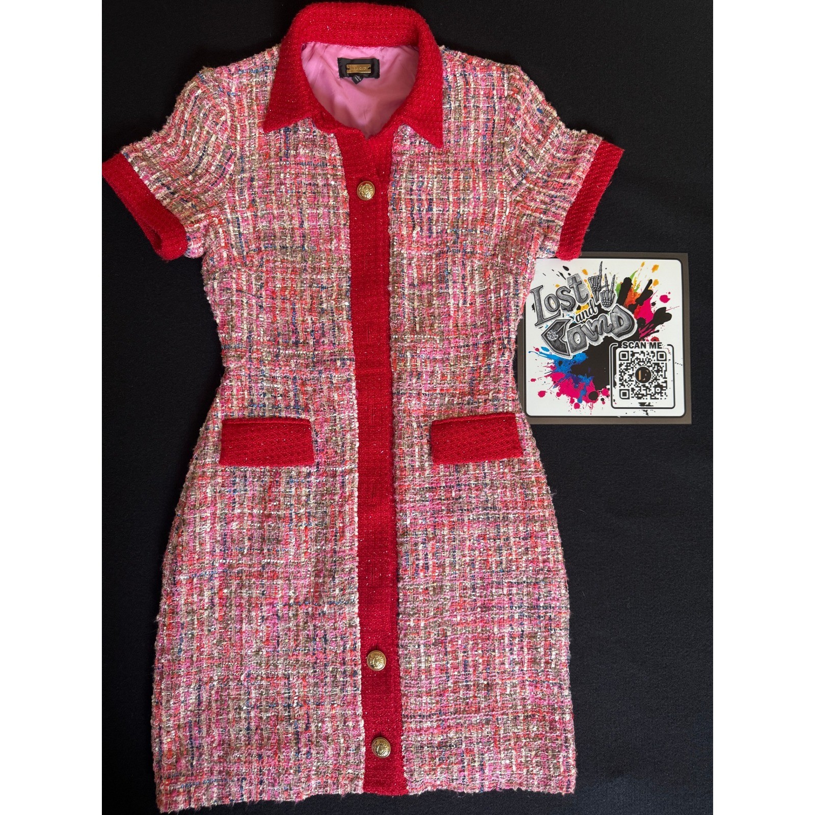 Alexia Admor Tweed Sheath Dress Womens Size 6 Pink Red Excellent Gold Button Mod