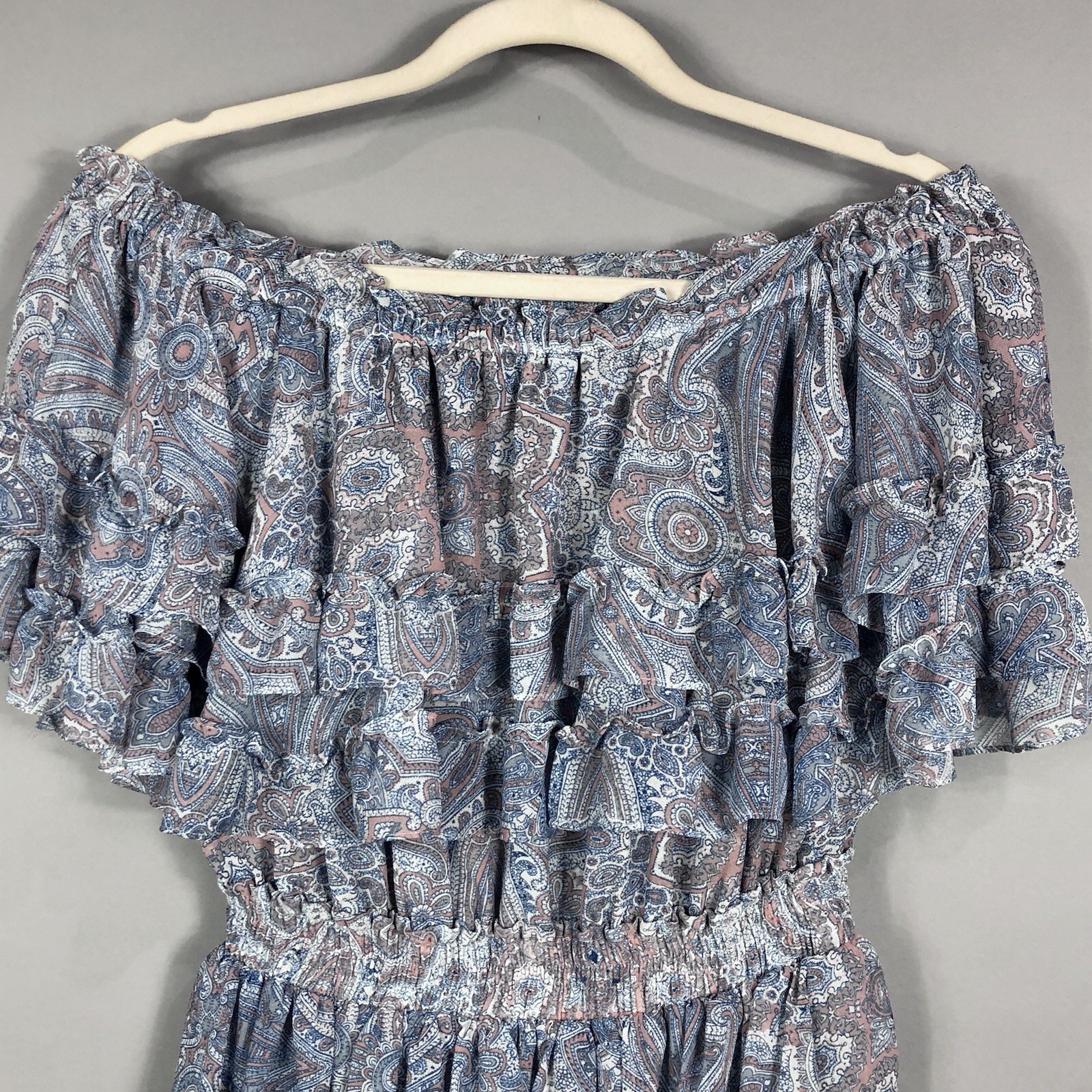Misa Los Angeles Kailey Paisley Ruffled Off Shoulder Mini Dress SZ S Blue Tiered