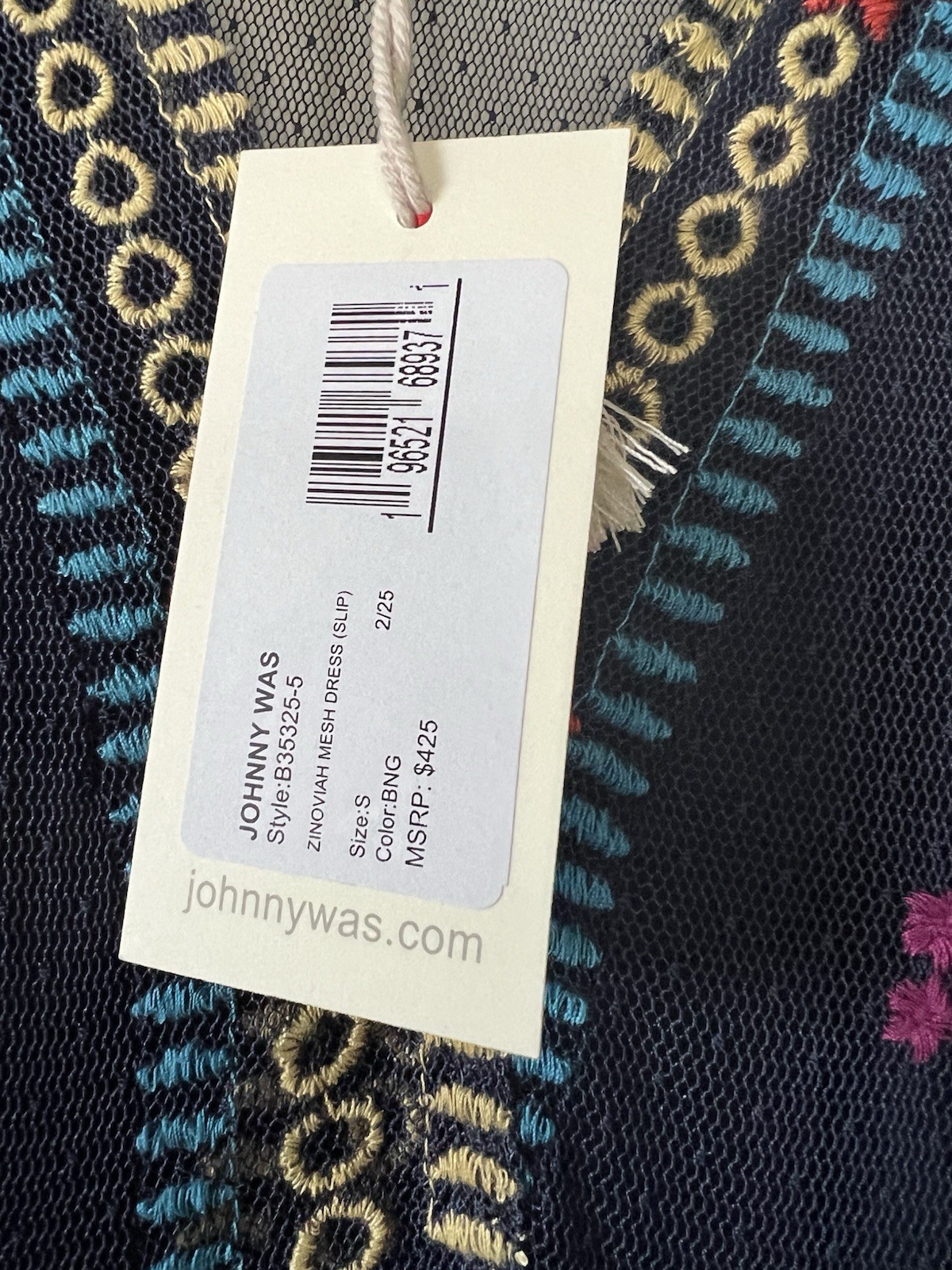 NWT $425 Johnny Was blue nights Zinoviah Mesh Dress & Slip embroidered floral S