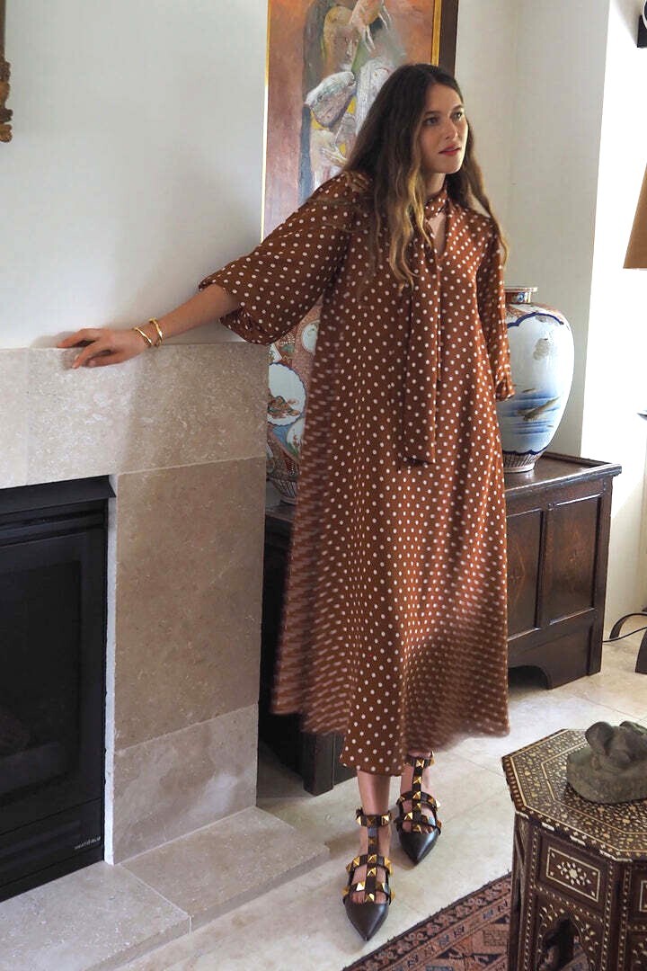 New Rixo RAEYA – COPPER DOT SILK Dress With Neck Tie Sz XS S M L 2XL