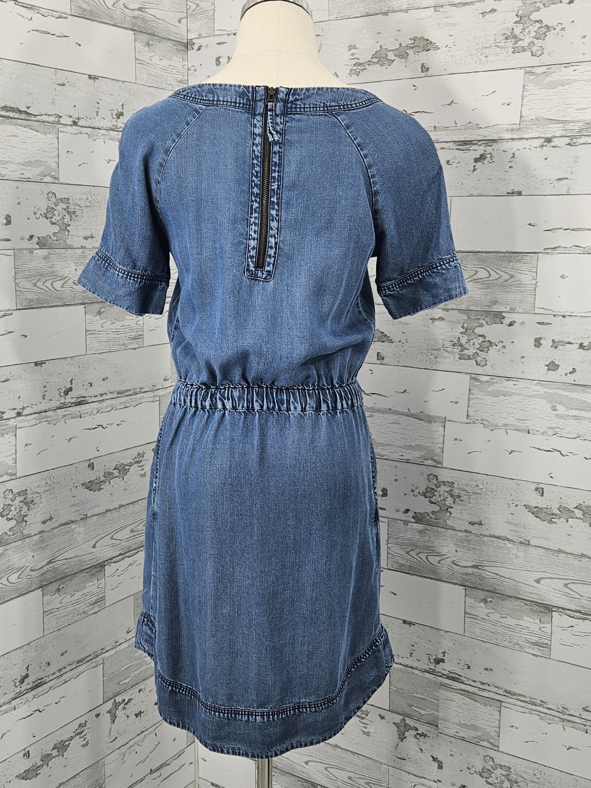 J Crew Chambray Short Sleeve Drawstring Waist Pockets Mini Dress Womens Xsmall