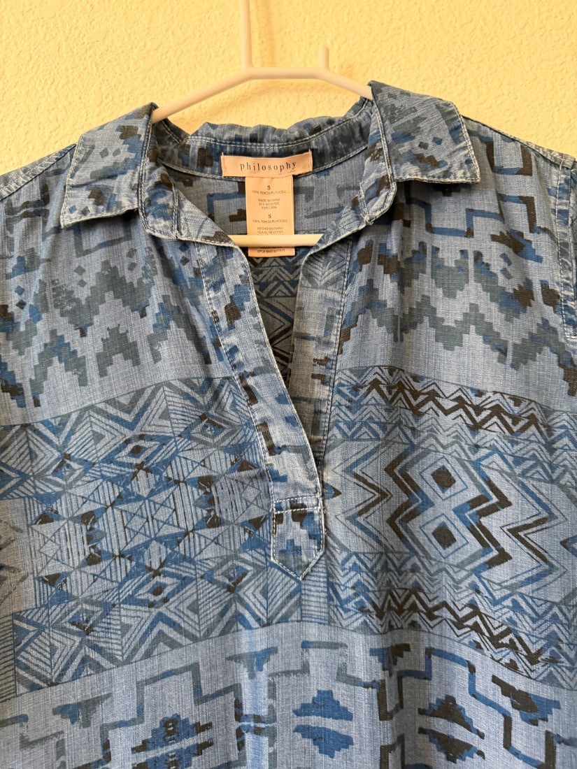 Philosophy Womens Aztec Print Chambray Shirt Dress Tencel Blue Size S