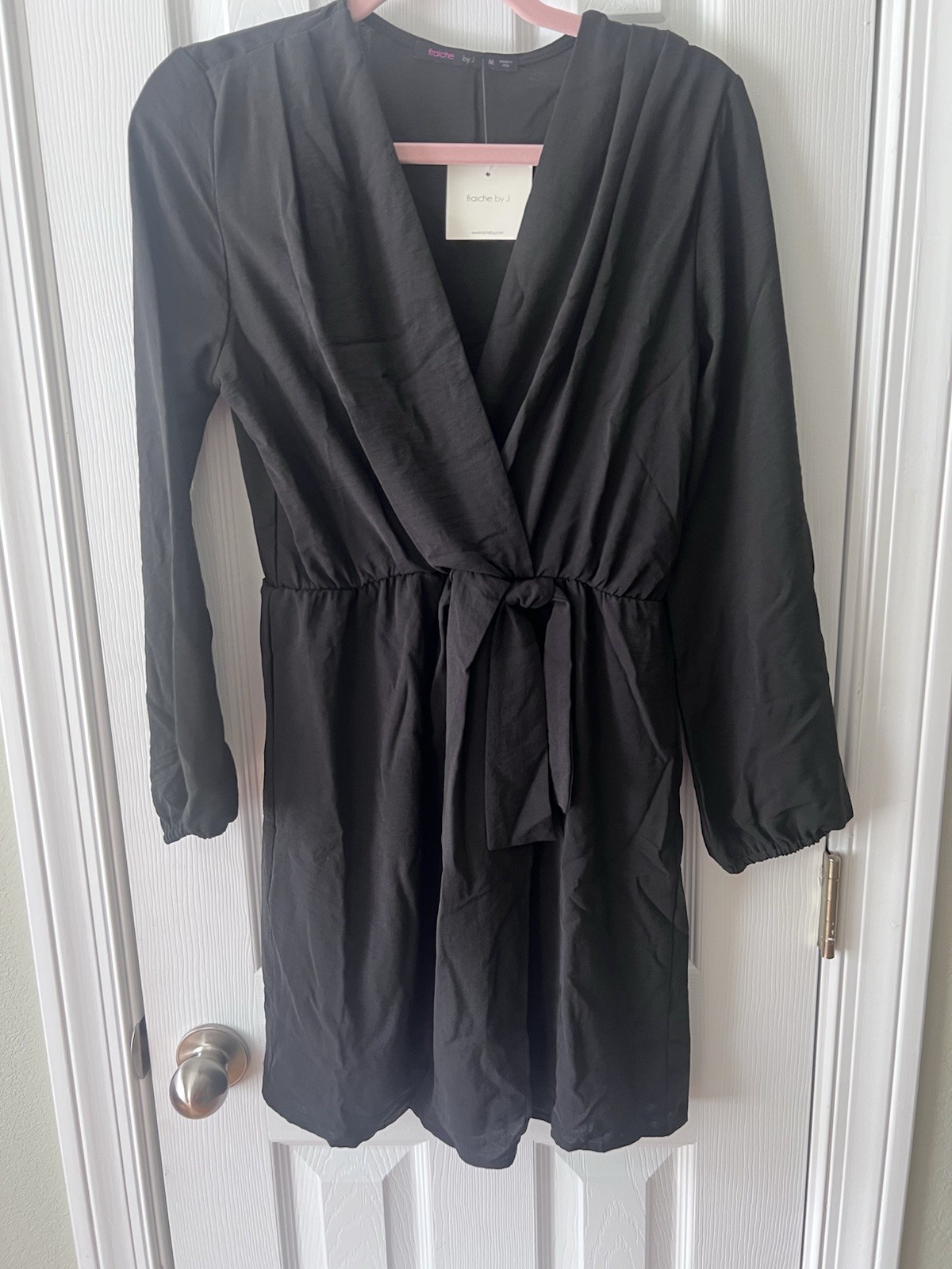 fraiche by J Black Solid Chiffon Lined V-Neck Long Sleeve Tie Dress M