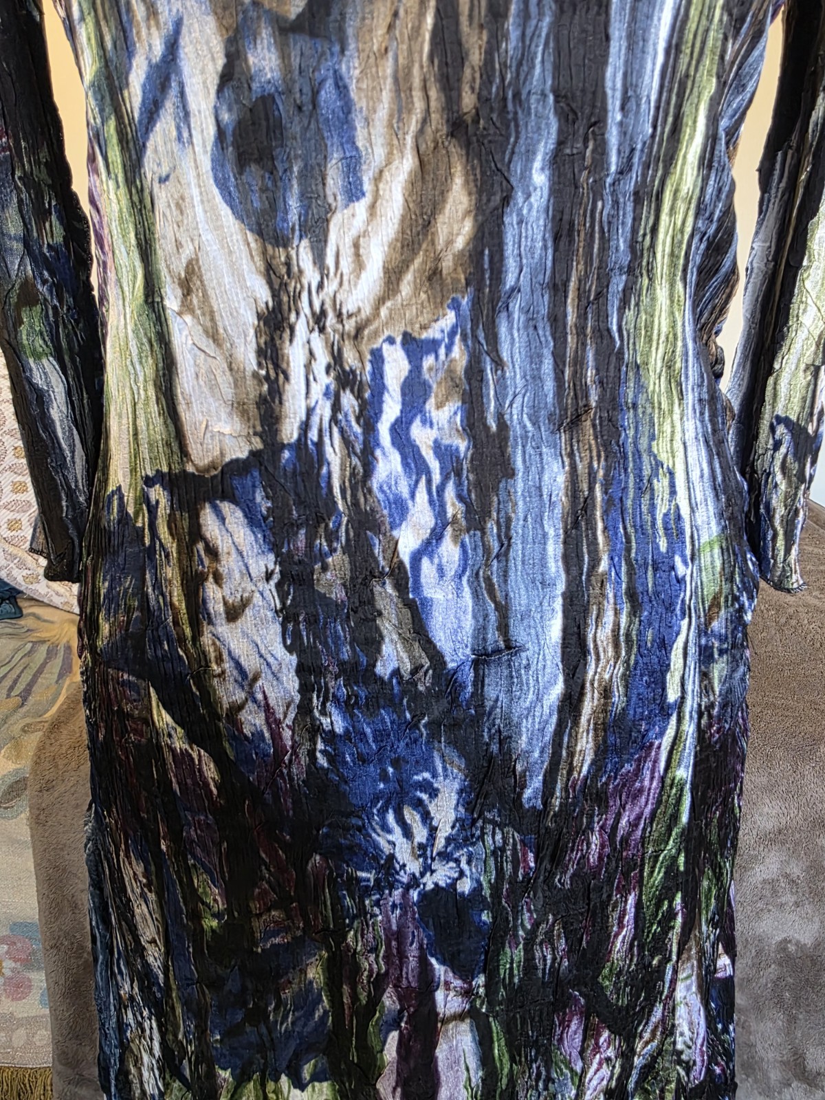 NWT Alberto Makali Pleated Midi Dress M Blue Green Abstract Beaded Velvet Trim