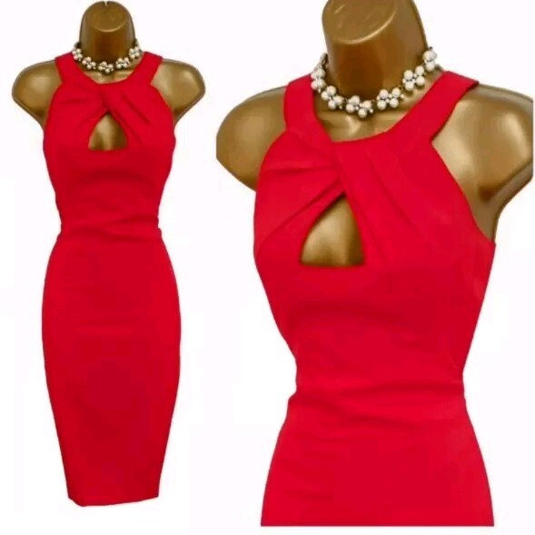 Karen Millen Dress UK 12 Scarlet Red Cutout Knot Neck Pencil Wiggle Occasion