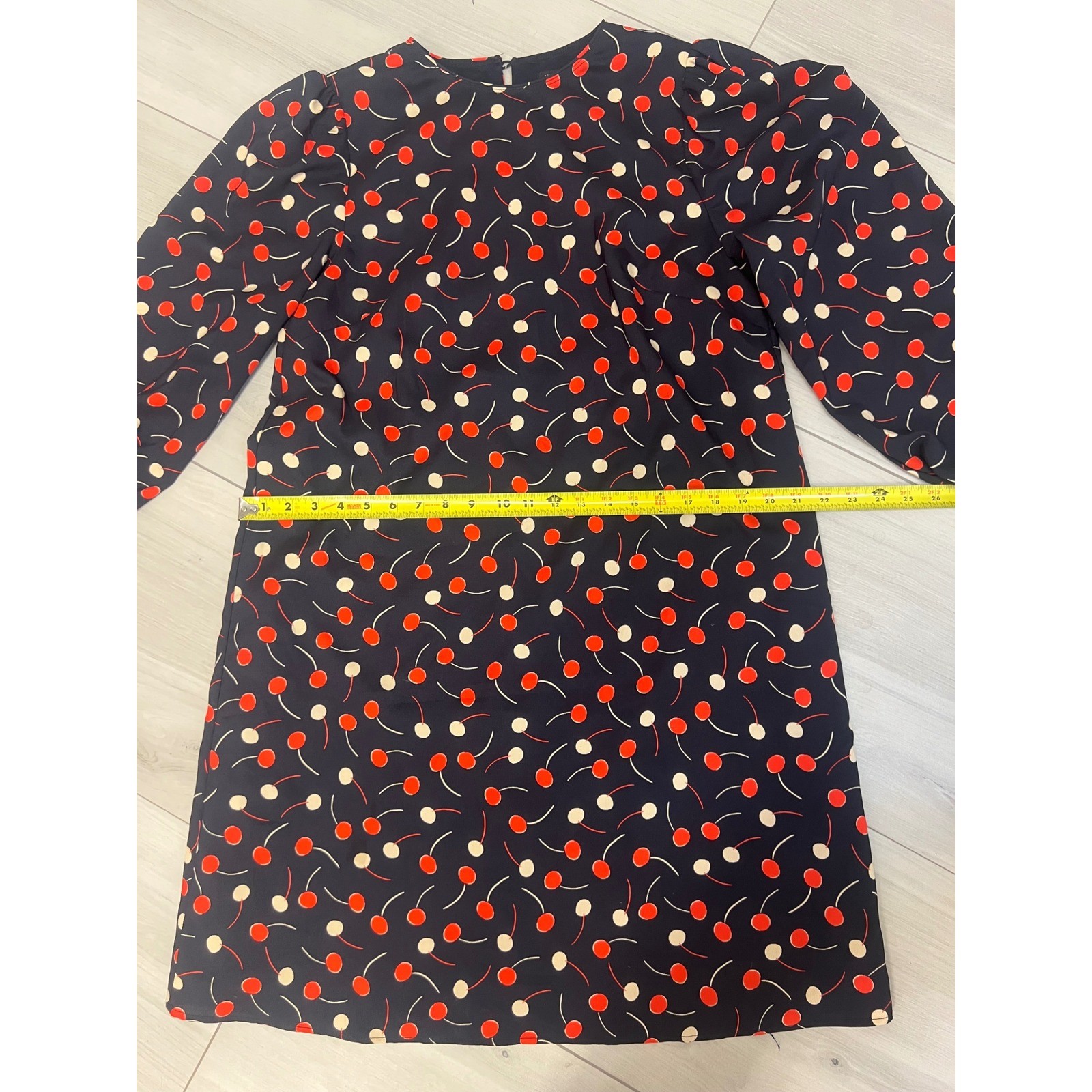 Retro Ann Taylor Cherry Dress Shift Long Sleeve Navy Red Sz L Office Academia