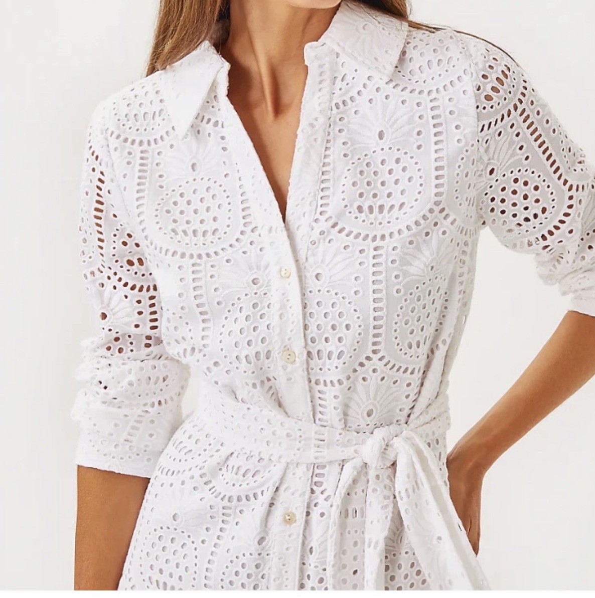 Lilly Pulitzer White Eyelet Eira Midi Shirt Dress Size 0 with Self Tie