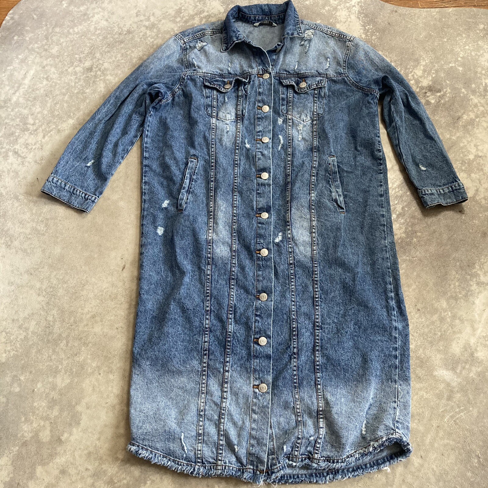 Highway Jeans Womens 1X Denim Shirt Dress Blue Distressed Midi Button Front