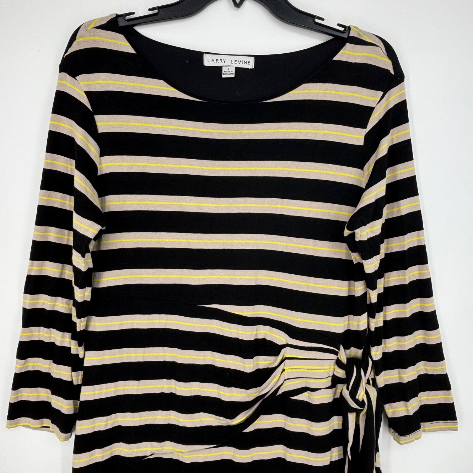 Larry Levine Womens Large Knit Dress Black Beige Yellow Stripes Long Sleeve Knee
