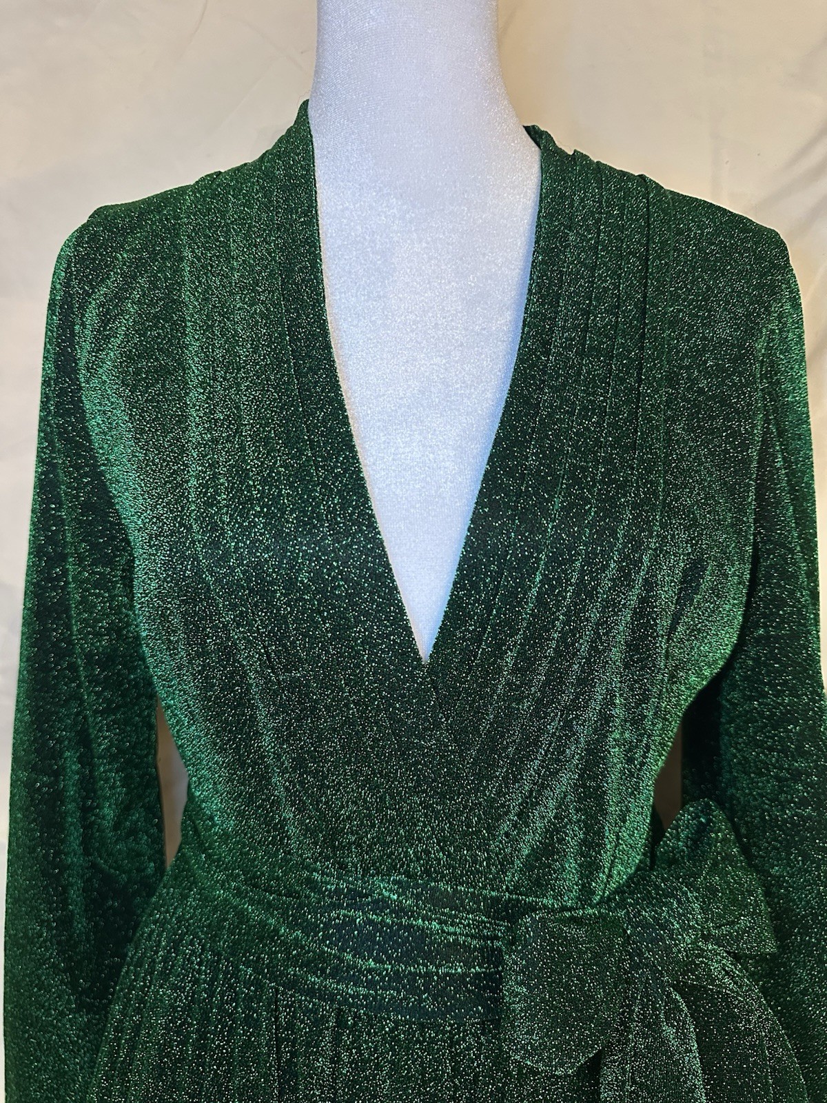 Alcoolique Green Glitter Lurex V-Neck Long Sleeve Maxi Dress Women’s 42