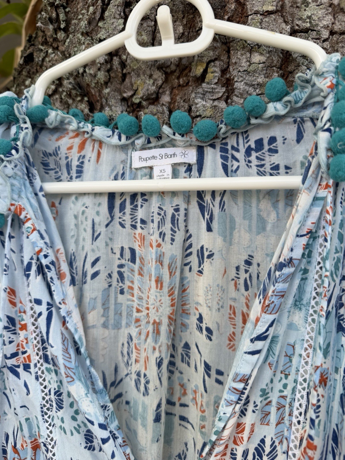 Poupette St Barth Clara Mini Dress blue/white Boho chic, tassels XS/S