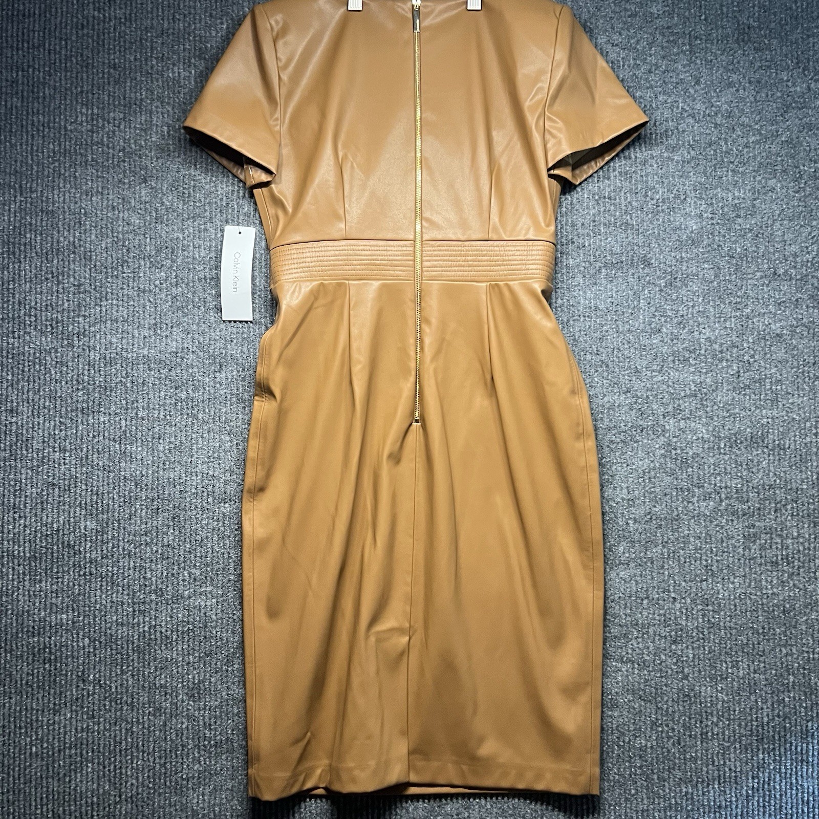 Calvin Klein Sheath Dress Womens 8 Beige Tan Zip Back Belted NWT