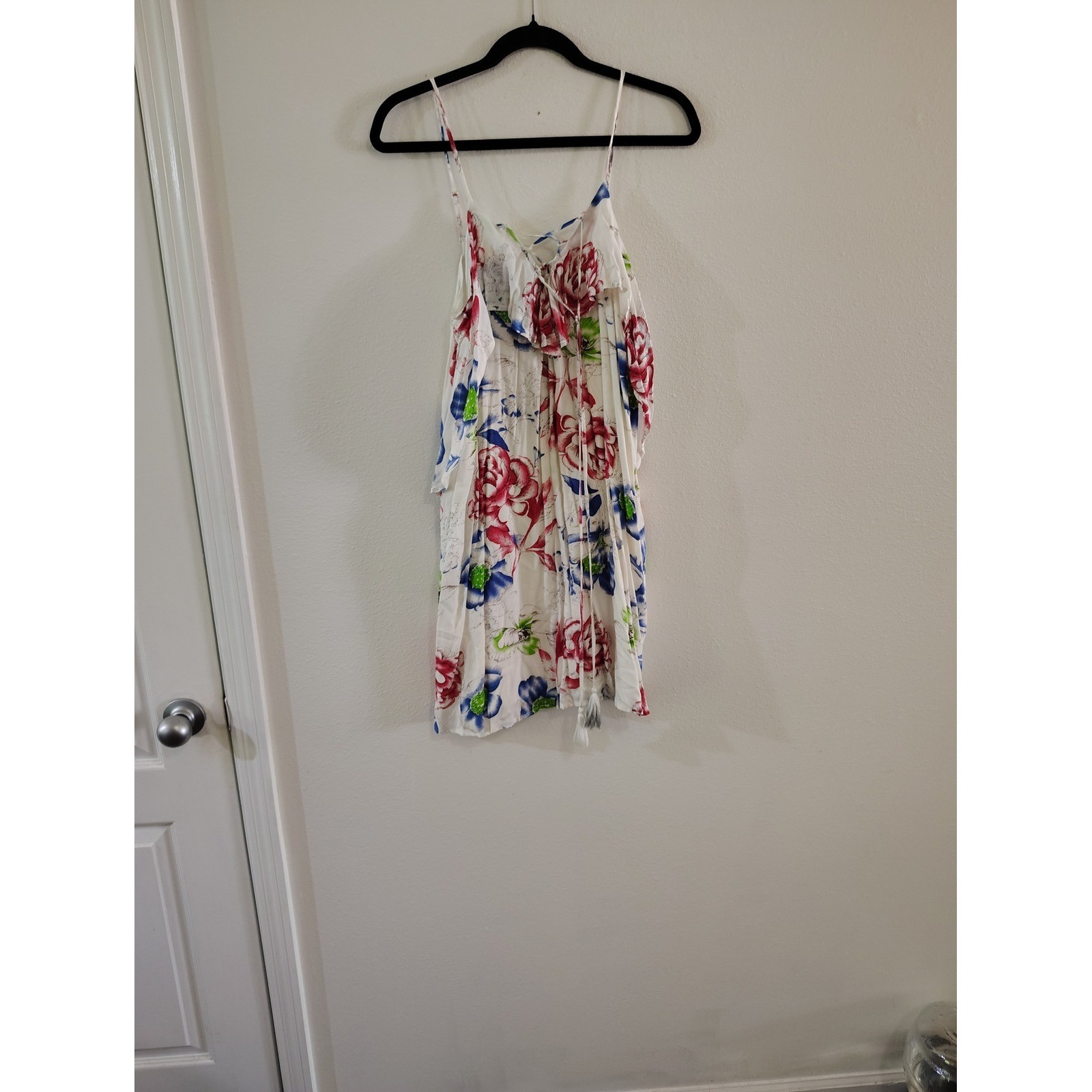 Kori America Floral Cold Shoulder Mini Dress White Red Blue Boho Small NWT