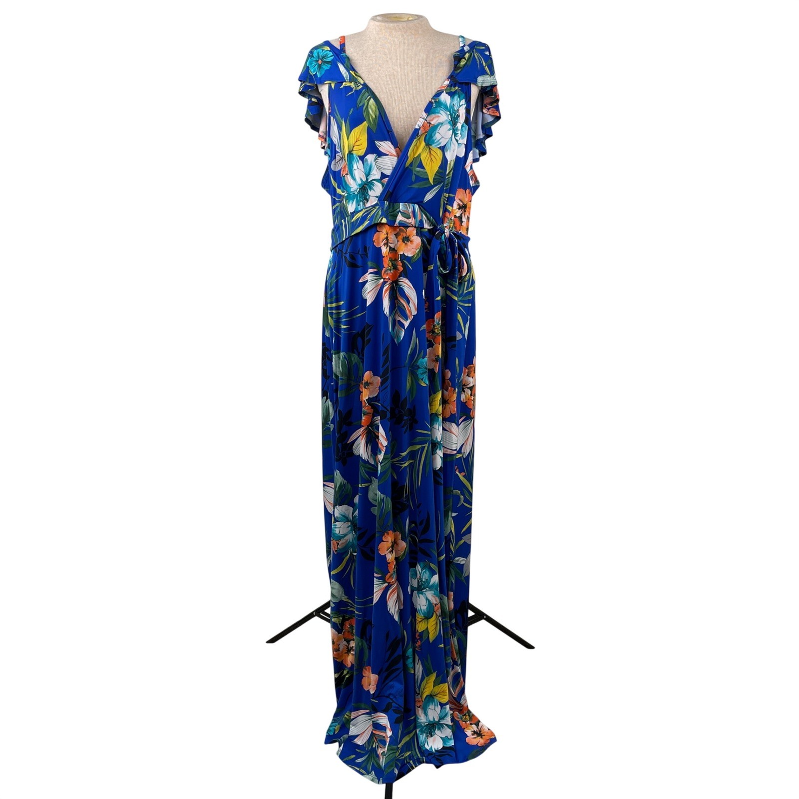 Fashion To Figure Blue Tropical Floral Cold Shoulder Maxi Dress Size 1 14/16