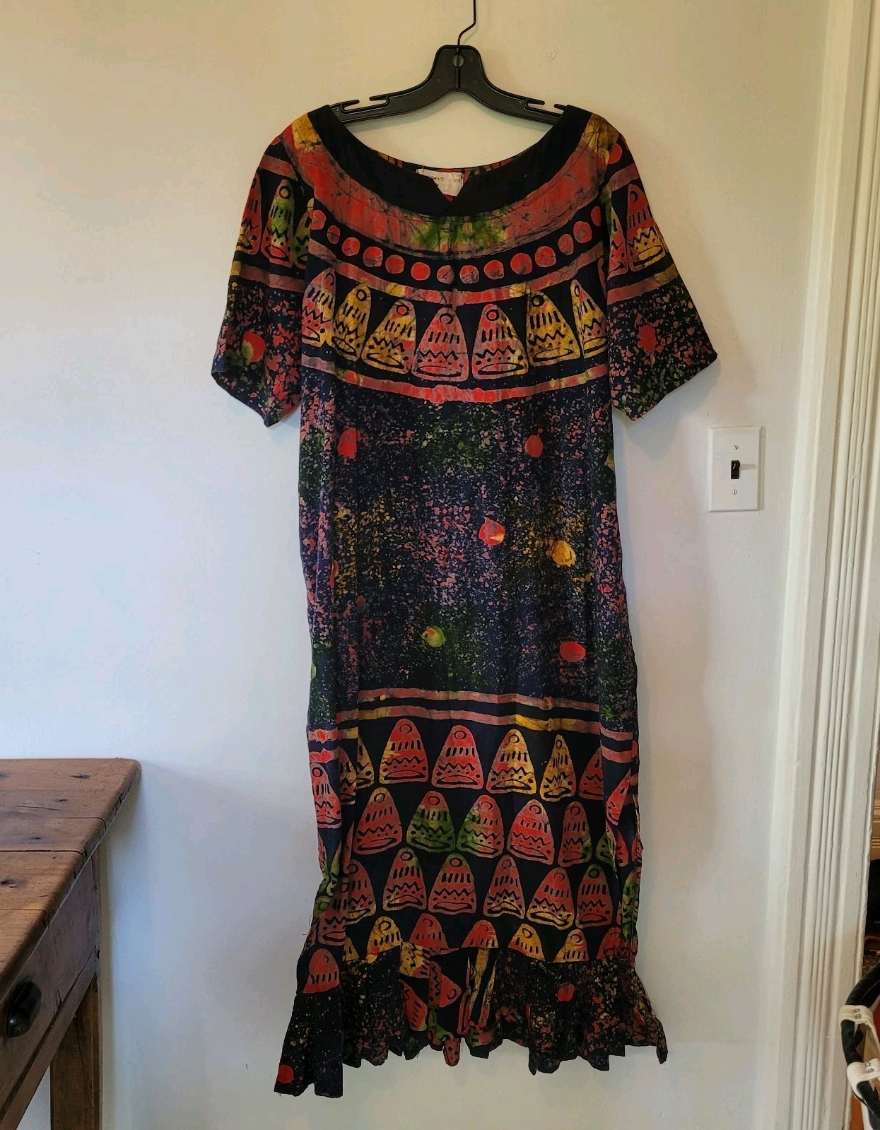 Vintage African Batik Print hand dyed Dress Tema Authentic Fashion Tanzania Med