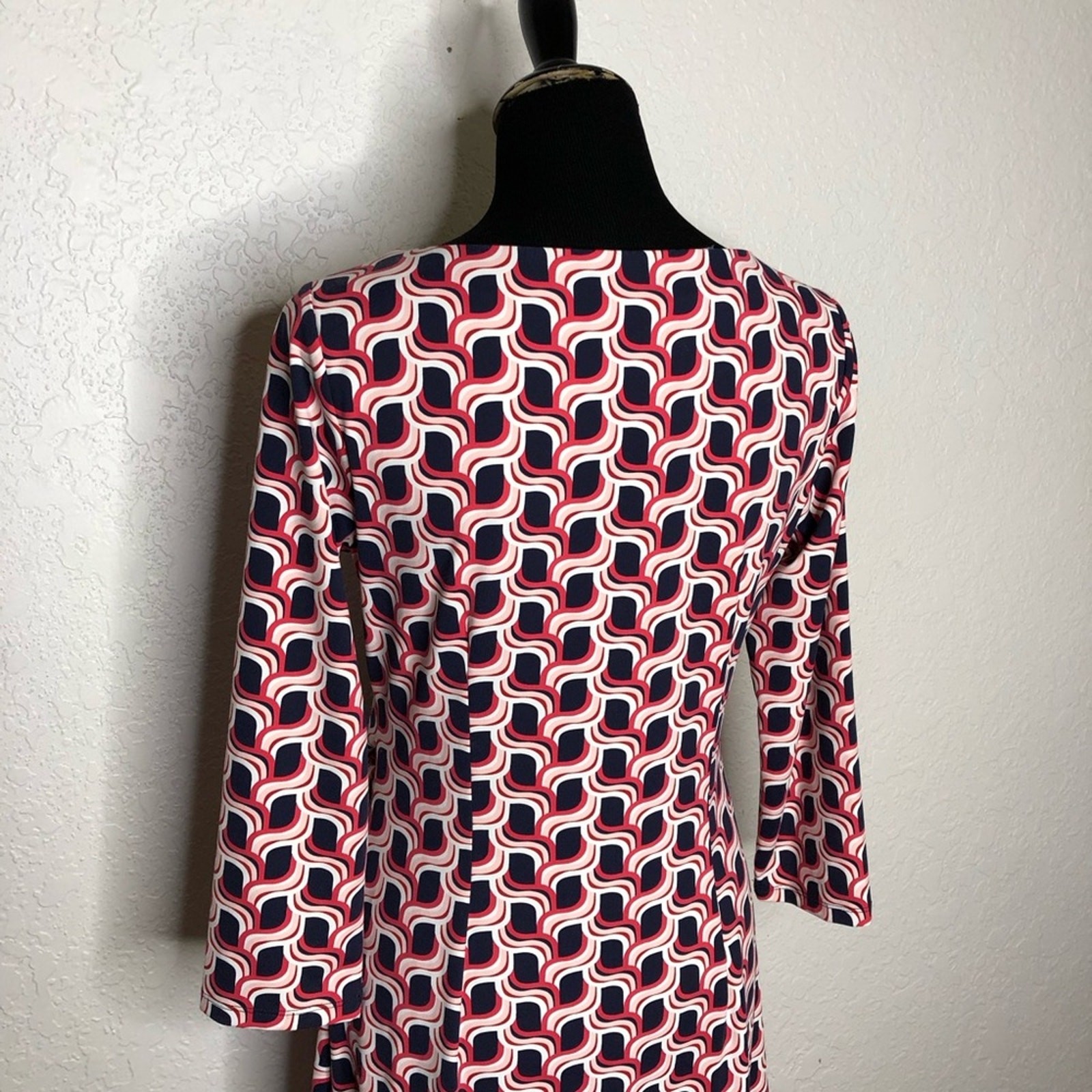 Talbots navy pink white geometric print faux wrap midi dress size Medium