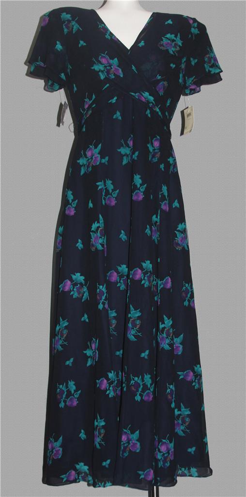 VTG Dana Buchman Twisted Front Navy Plums Silk Lined Maxi Dress Wm’s 8 NWT $238