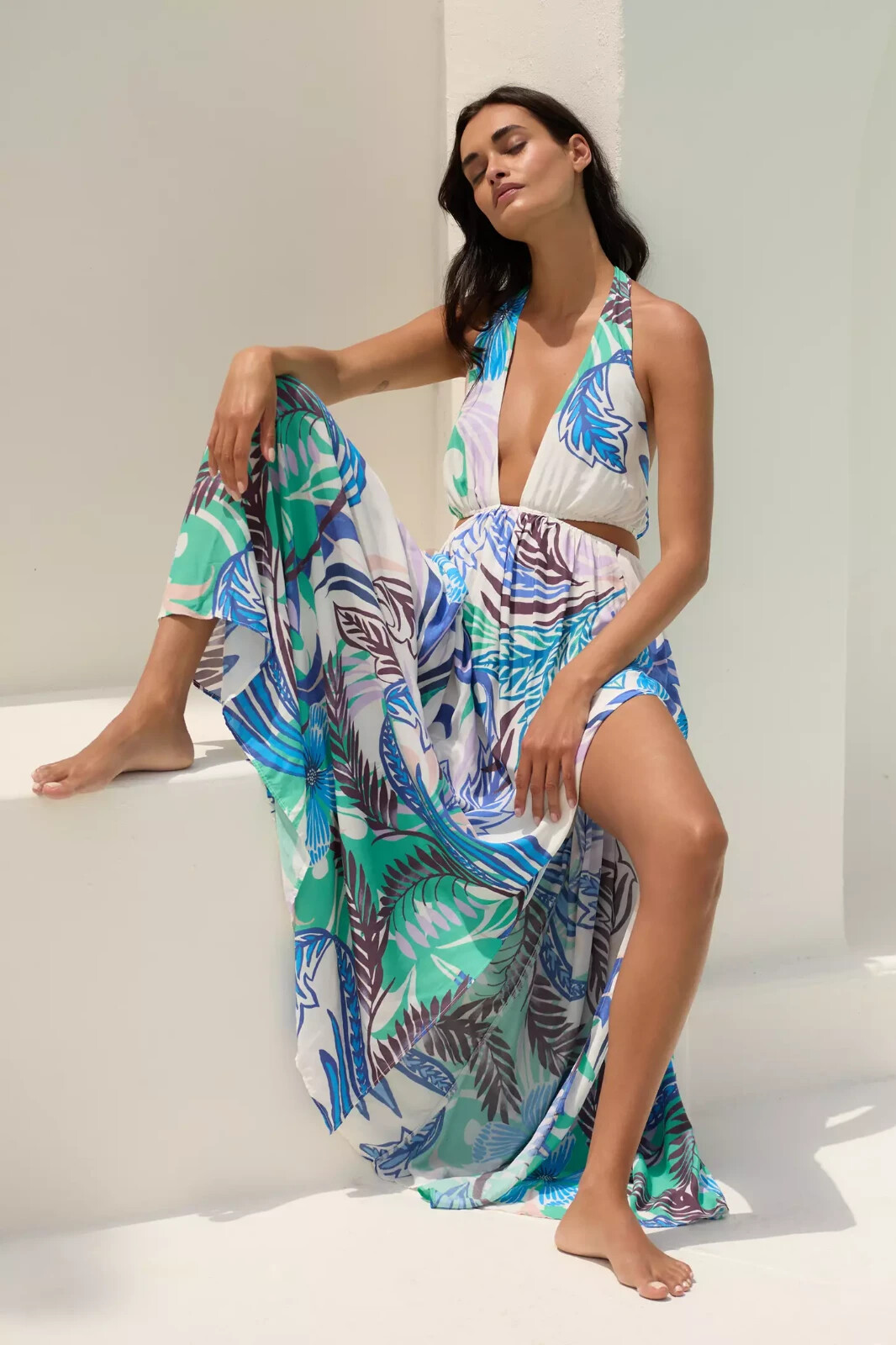 Anthropologie Plunge Cutout Maxi Dress XL 12 Printed Lightweight Slit NWD 42326