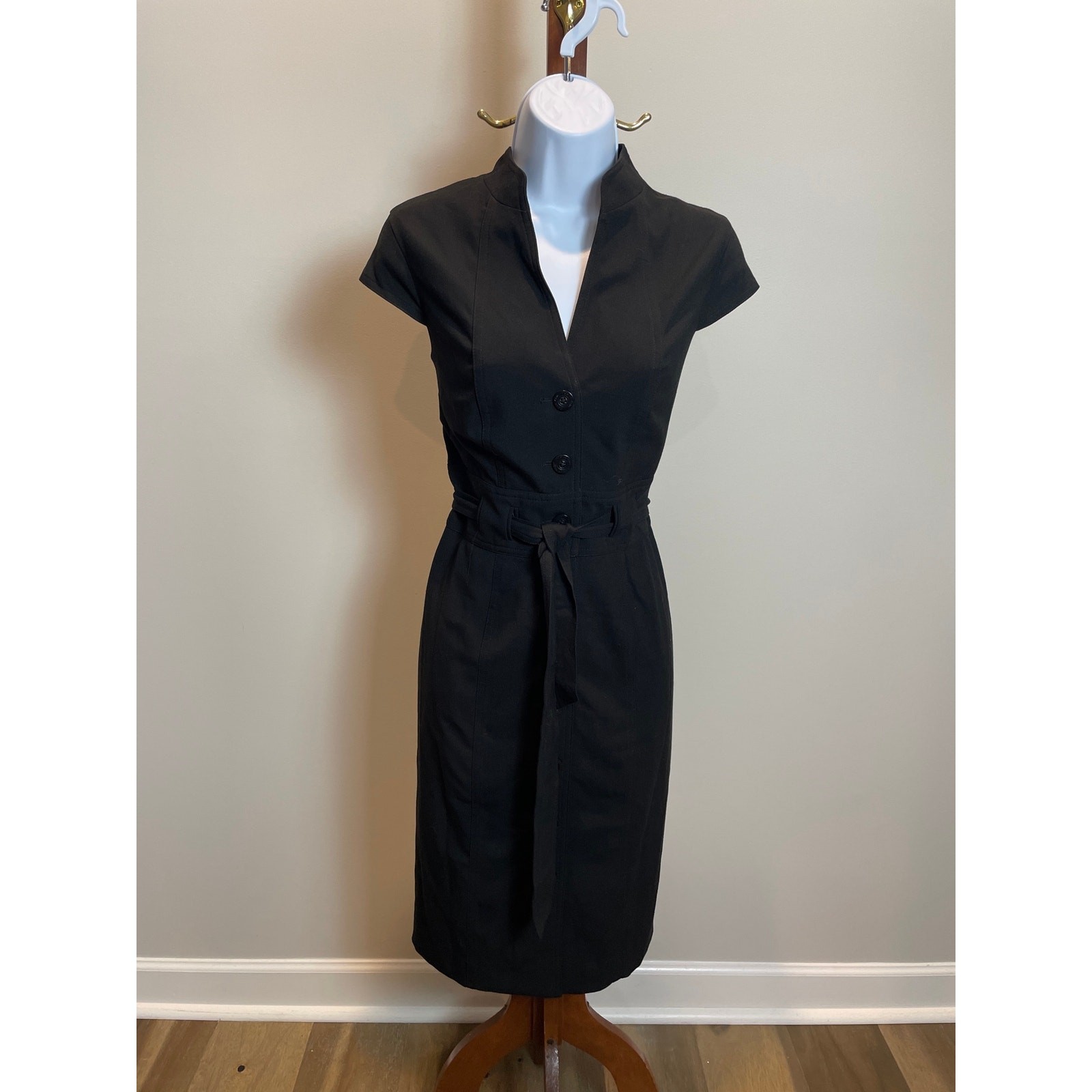 Calvin Klein Black Button Down Tie Waist Sheath Dress Cap Sleeves Size S