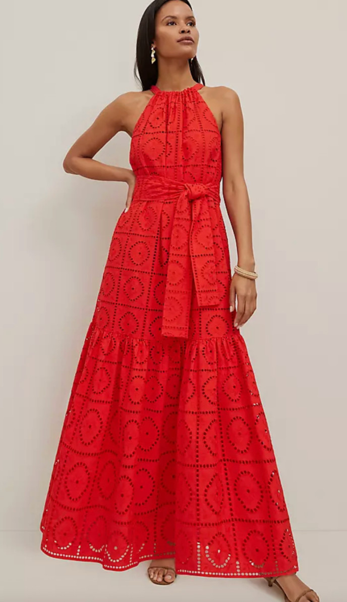 NWT ANN TAYLOR FIERY RED EYELET HALTER FLARE MAXI DRESS SZ XSP XS PETITE