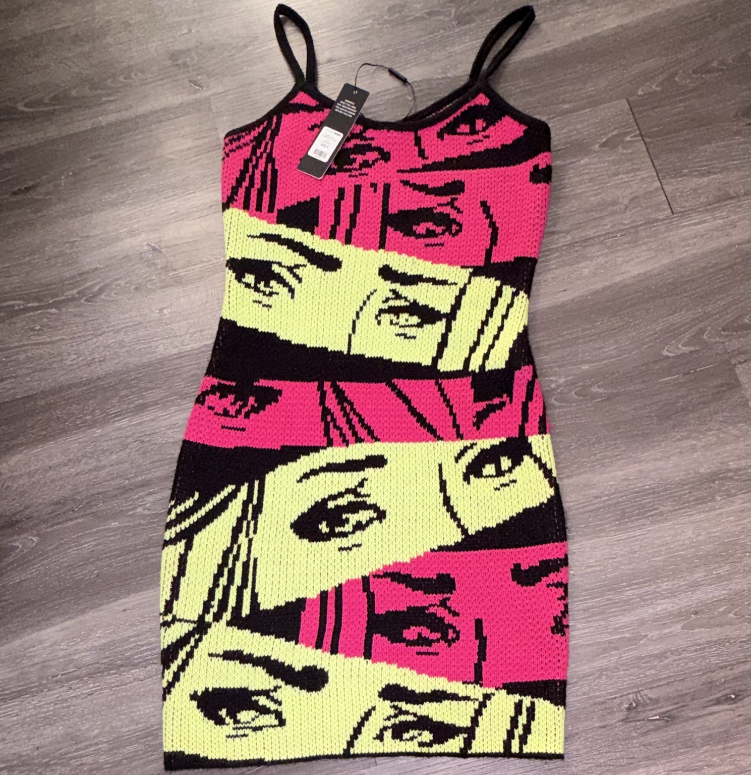 Fashion Nova Pop Art Knit Bodycon Mini Dress Spaghetti Strap S Pink Black