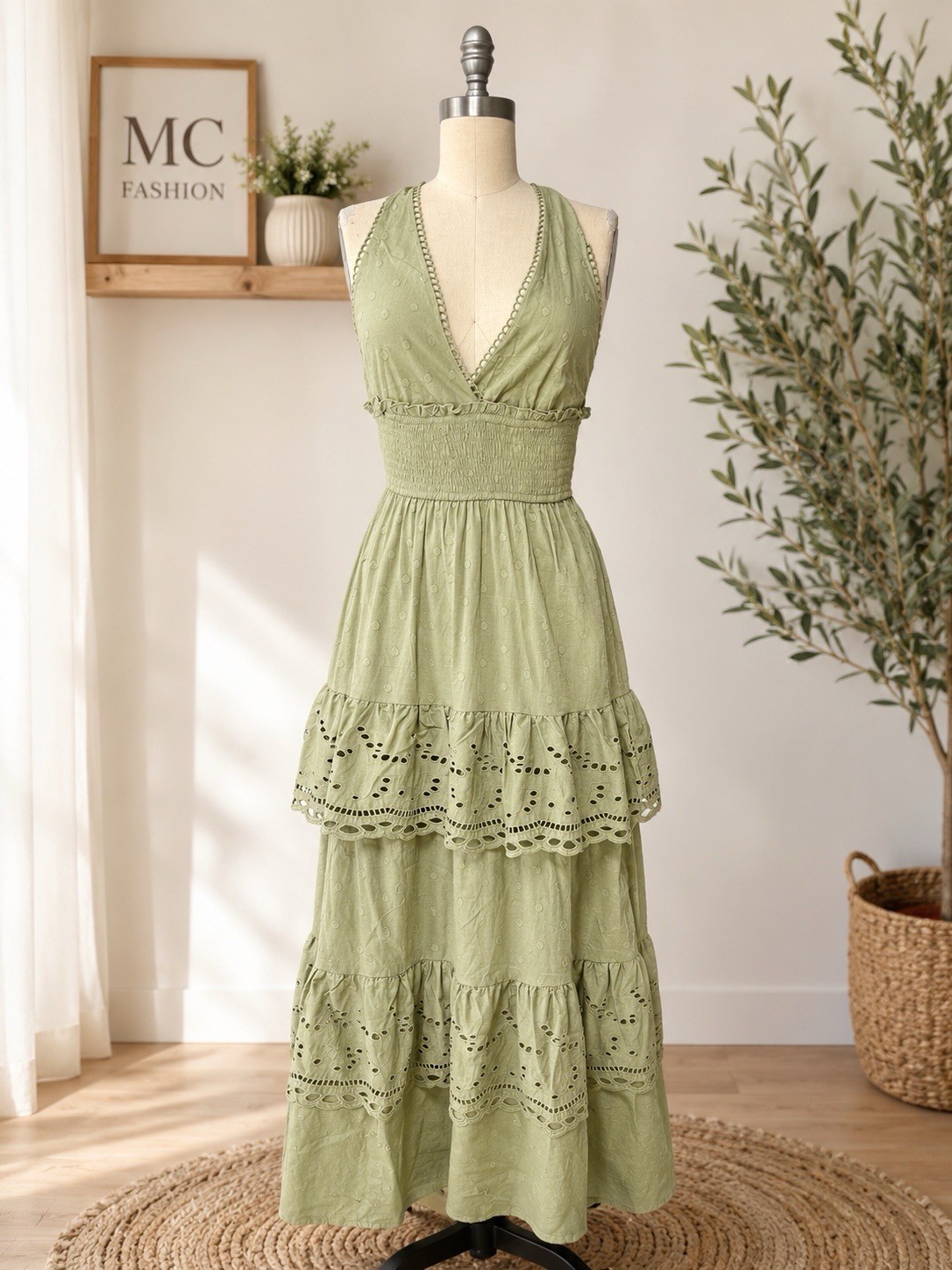 Cotton Halter Tiered Maxi Dress with Eyelet Lace Trim and Ruffles Size L