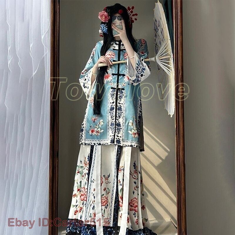 Qing Dynasty Retro Chinese Costumes Dress Floral Printing Womens Hanfu Dress New