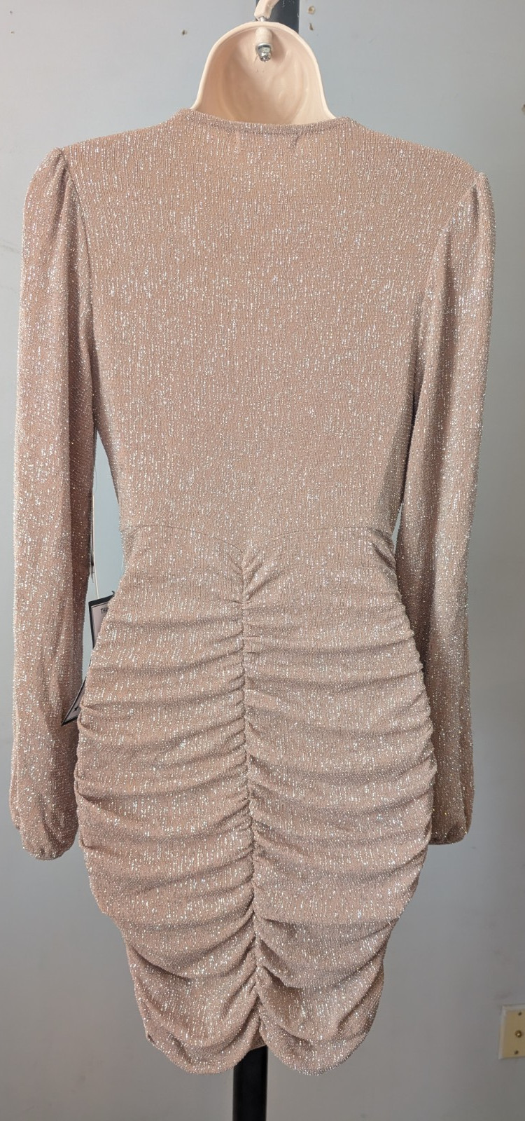 NWT Emerald Sundae Womens Silver Taupe Glitter Draped Front Dress M Ruched