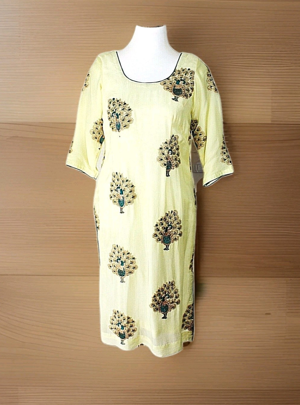 INDIA Pakistani Salwal Kameez Dress Sz S Custom Made Yellow Embroidered BOHO #03