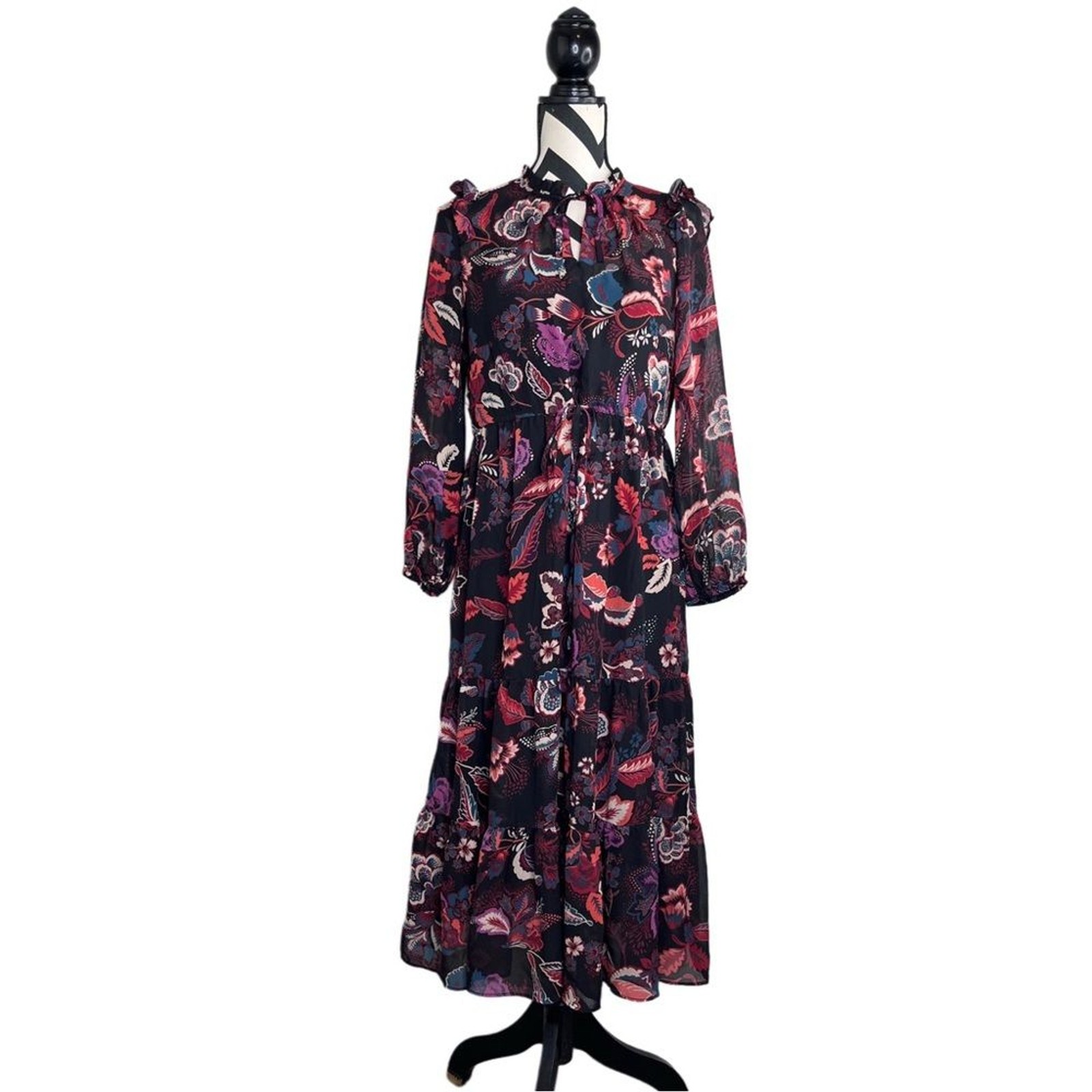 Maia Sheer Dark Floral Boho Ruffle Long-Sleeve Midi Dress Sz 4