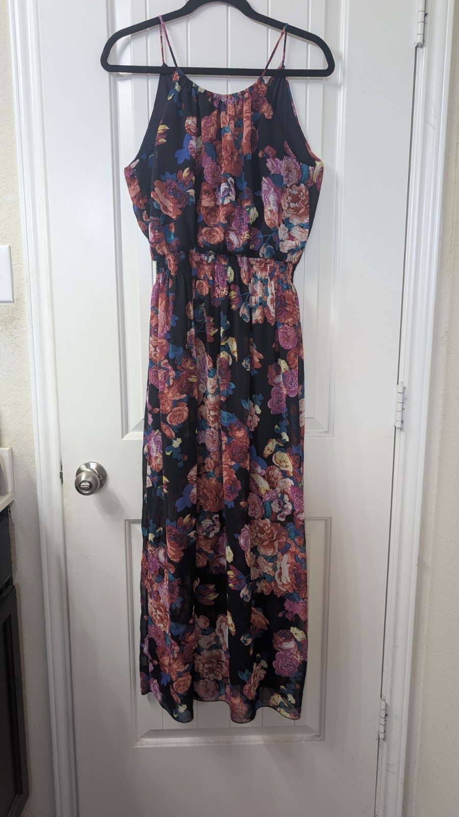 Sweet Storm Black Multicolor Floral Chiffon Smocked Square Neck Maxi Dress L