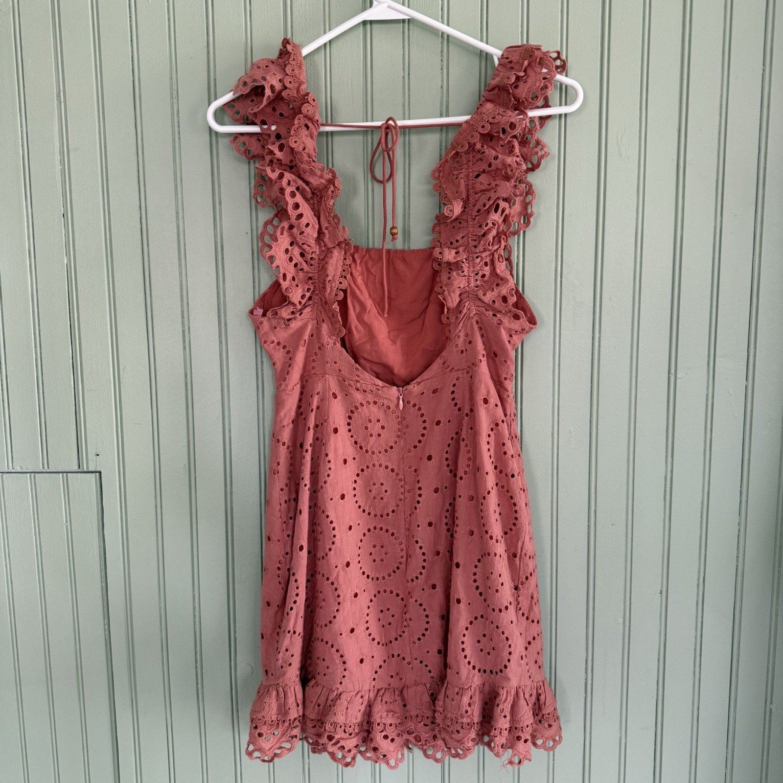 Saints + Secrets Burnt Orange Ruffle Mini Sun Dress Small Embroidered Eyelet