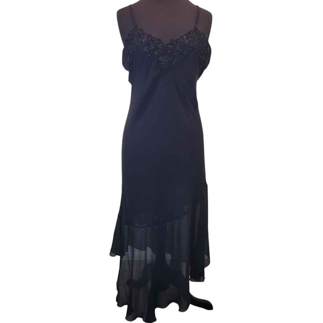 Vintage 90s Black Floral Maxi Dress Size L Romantic Chiffon Sequin Fairy Whimsy