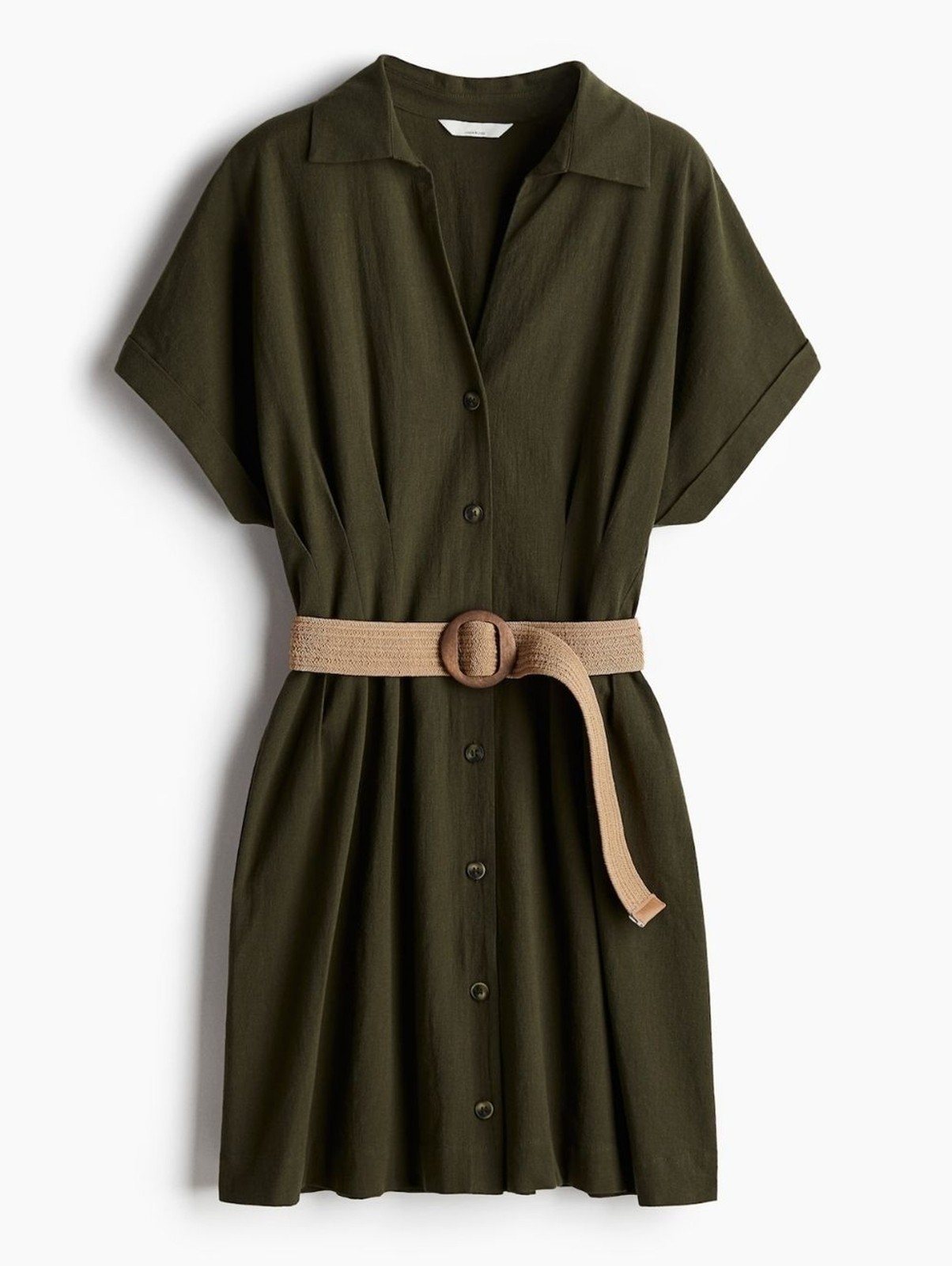 H&M Olive Green Linen-Blend Shirt Dress (Belt Missing)