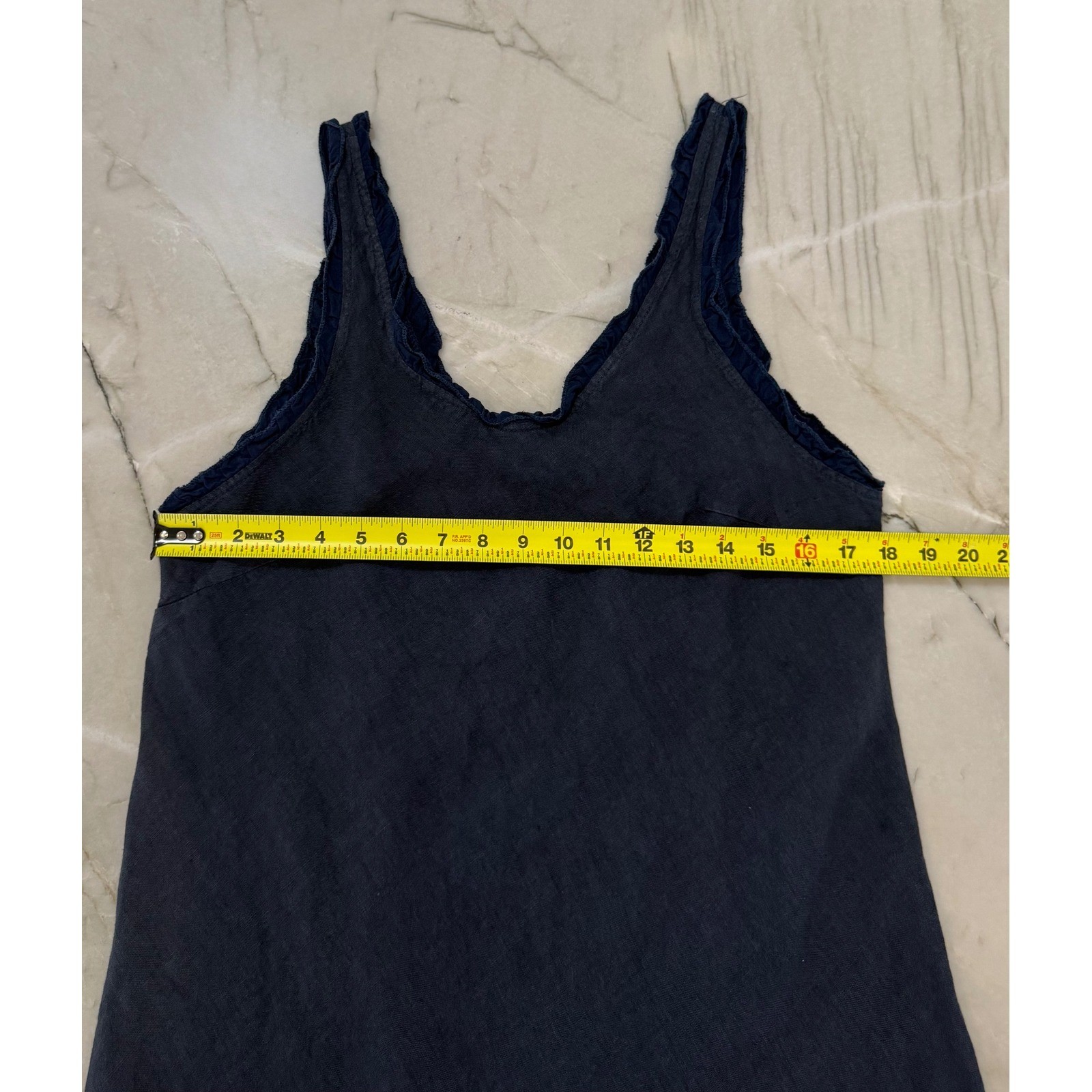 Meo Meli Italy Navy 100% Linen Ruffle Trim V-Neck A-Line Midi Dress One Size