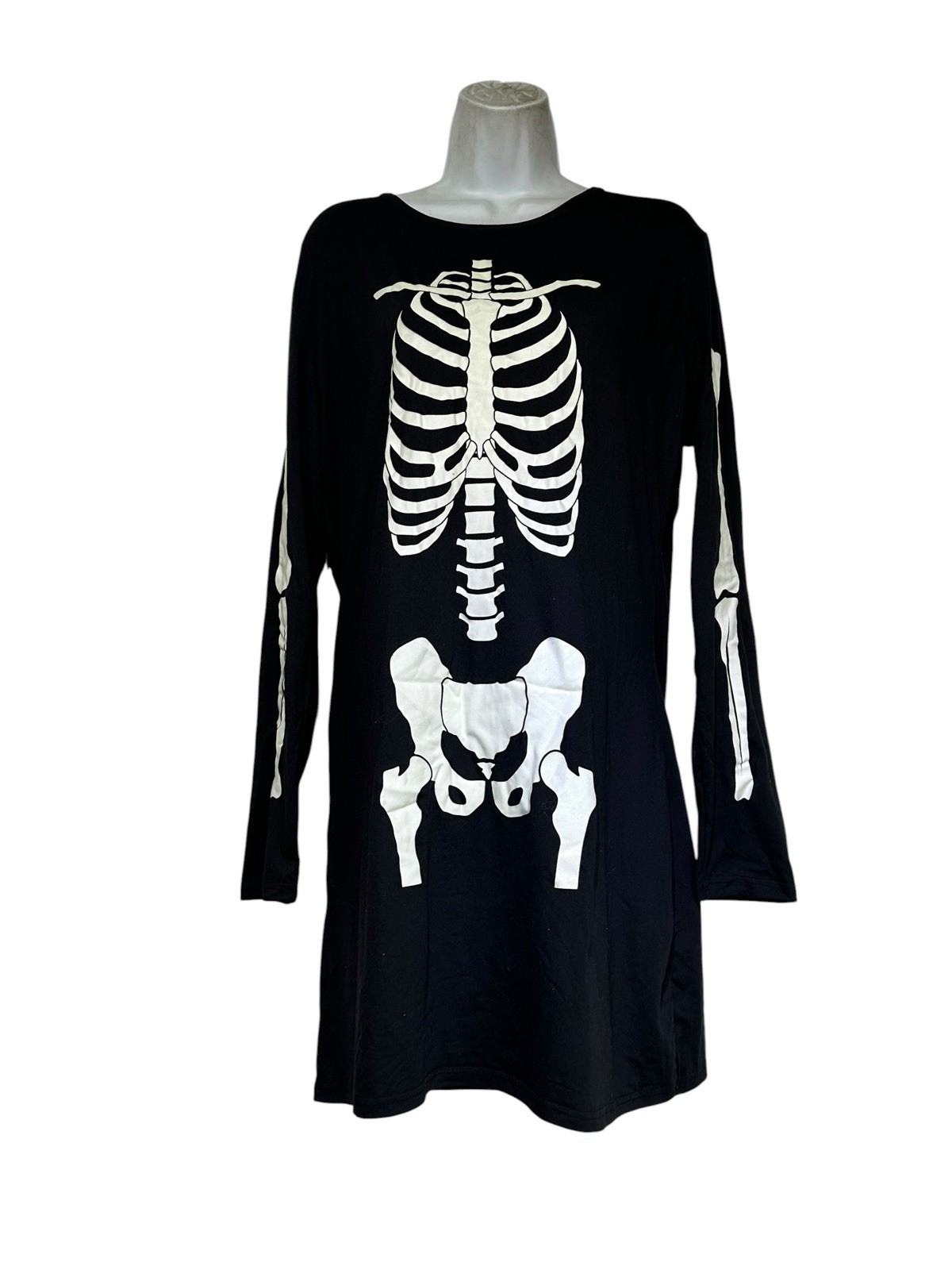 Skeleton Print Dress Womens XL Black Long Sleeve Halloween Goth Glow In The Dark