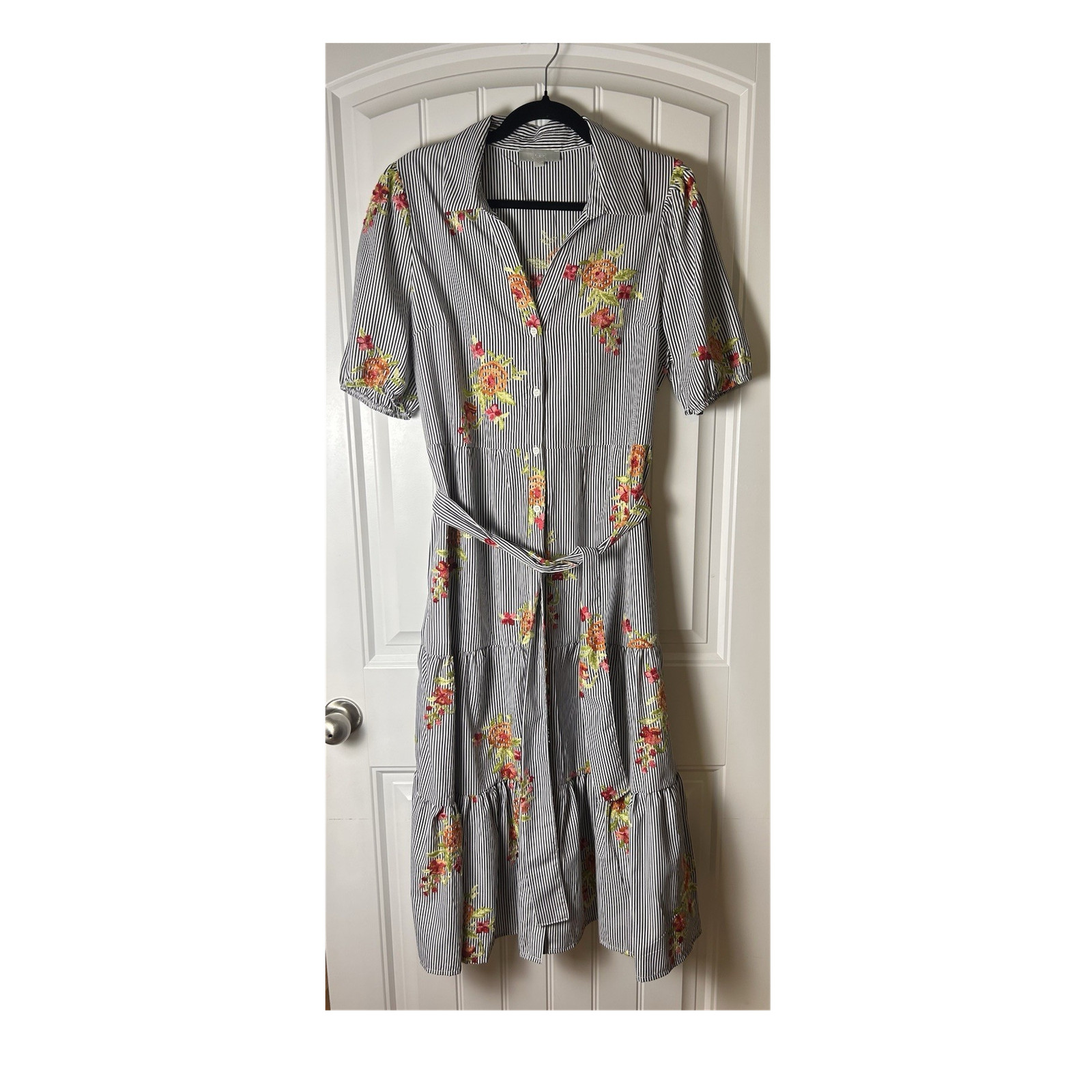 ICE Black White Striped Floral Embroidered Button Belted Midi Shirt Dress L