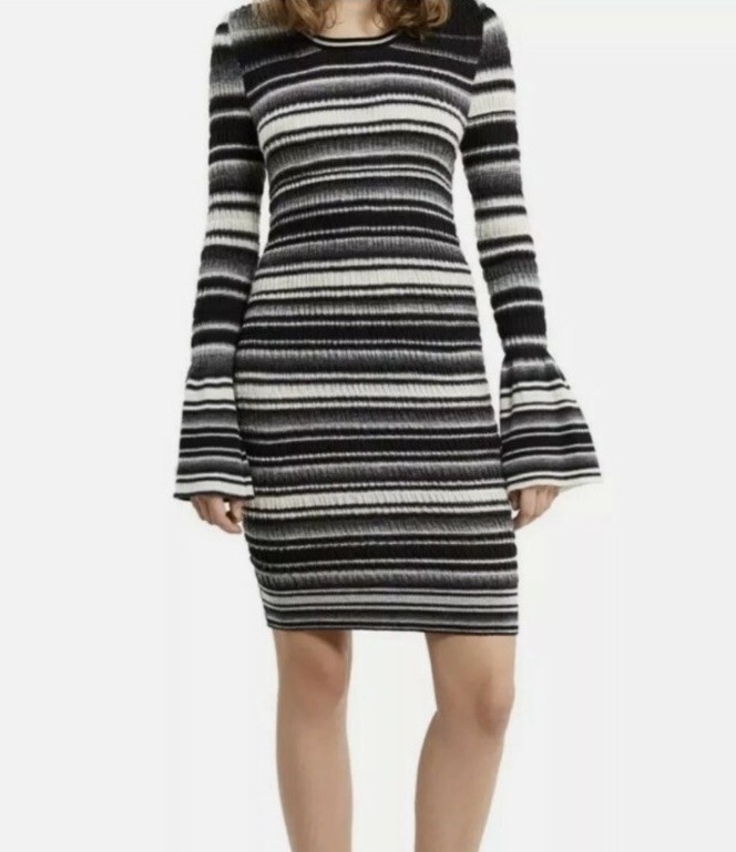 Opening Ceremony Sweater Dress Black Cream Stripe Bell Sleeve Wool Blend Size M