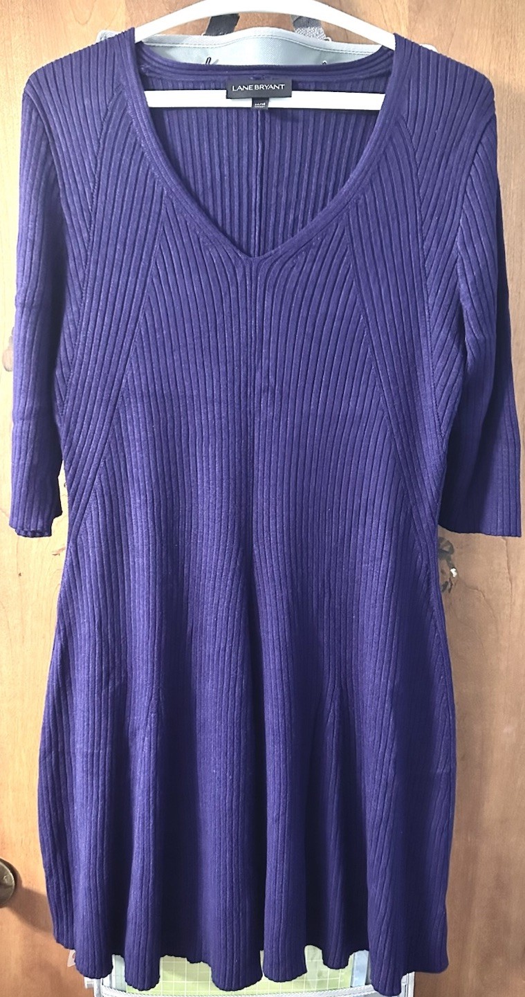 Lane Bryant Purple Knit V-Neck 3/4 Sleeve Knee Length Dress 14/16 *EXCELLENT*